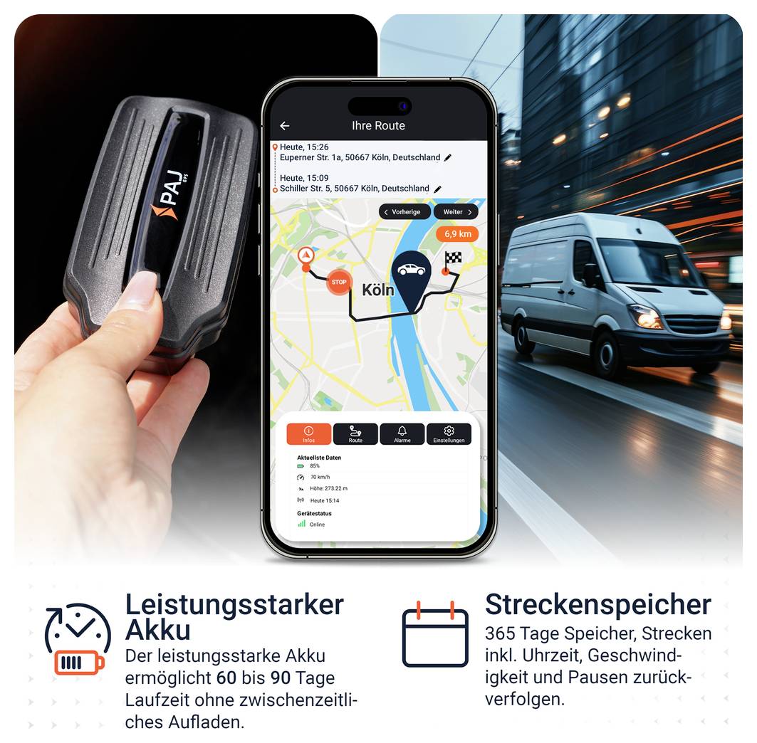 Werbegrafik für einen GPS-Tracker: Hand hält Gerät, Smartphone zeigt Routenkarte, rechts fahrender Transporter; darunter Text zu leistungsstarkem Akku und Streckenspeicher.
