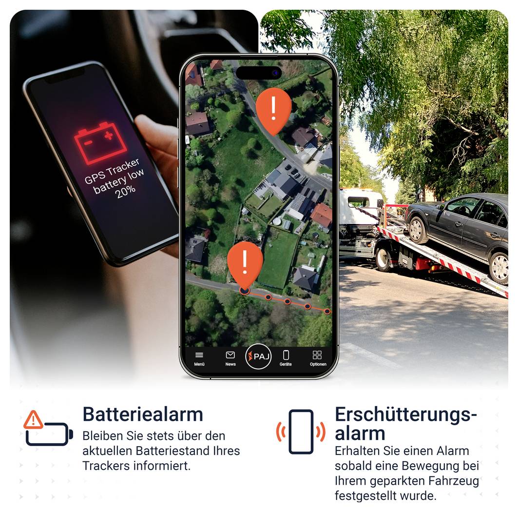 Werbegrafik für GPS-Tracker: niedriger Akkustand, Standortkarte mit Alarm-Markern und Abschleppen eines Autos; unten Texte zu Batteriealarm und Erschütterungsalarm.