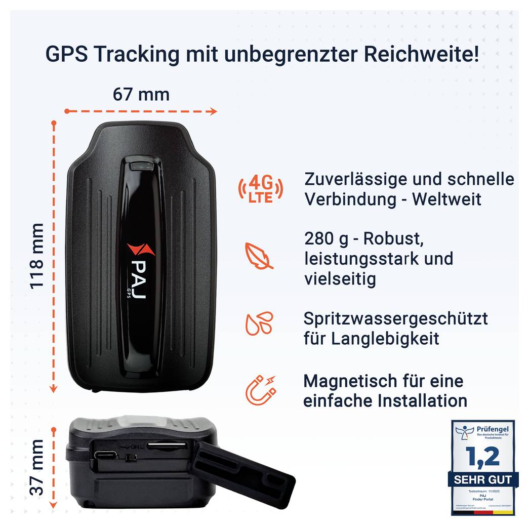 Werbegrafik eines GPS-Trackers von PAJ mit den Maßen 67 x 118 x 37 mm; genannt werden 4G/LTE, 280 g, spritzwassergeschützt und magnetische Befestigung.
