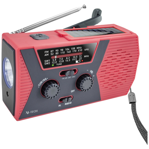 X4 Tech Notfallradio FM, AM, KW Akku-Ladefunktion, Handkurbel, Solarpanel, Taschenlampe, wiederaufladbar, spritzwassergeschützt