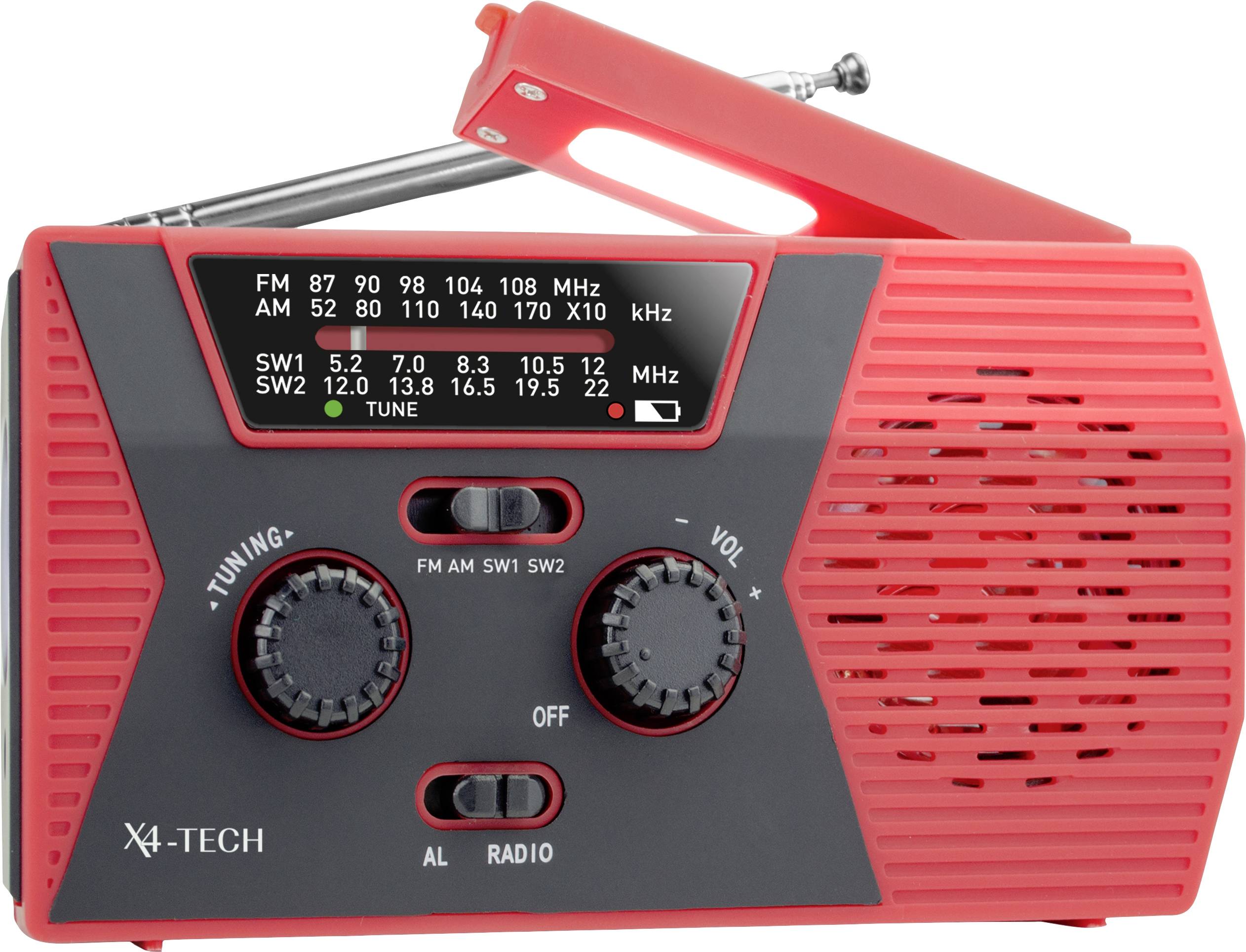 X4 Tech Notfallradio FM, AM, KW Akku-Ladefunktion, Handkurbel, Solarpanel, Taschenlampe, wiederaufladbar, spritzwassergeschützt