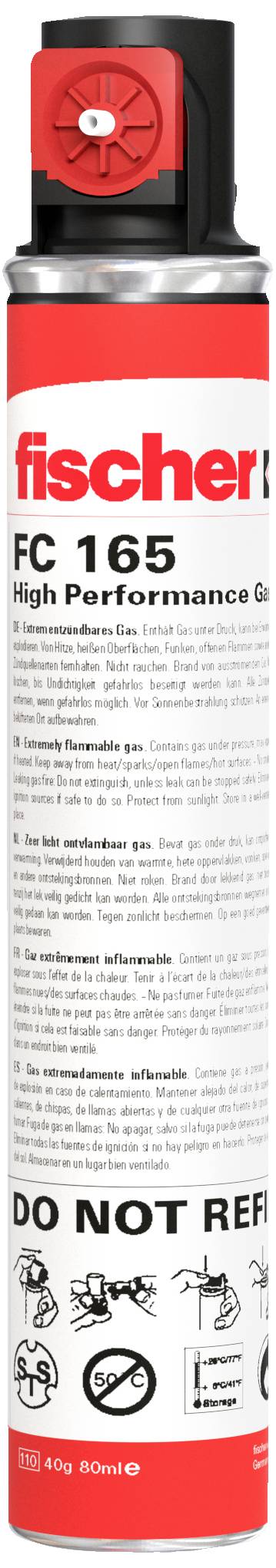 Rote Spraydose 'fischer Fc 165 High Performance' mit Warnsymbolen und Text. Enthält 300 ml.