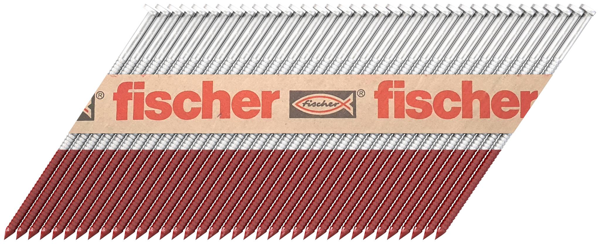 Packung mit Fischer-Dübeln in Rot und Silber, angeordnet in Reihen, gezeigt in Produktverpackung mit wiederholtem 