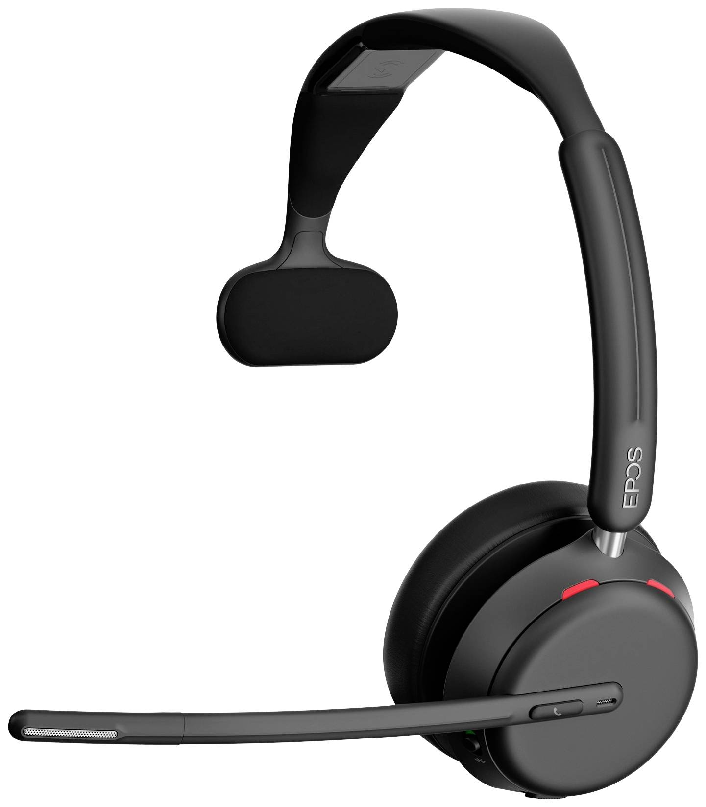 Ein modernes, einohriges Headset mit Mikrofon und verstellbarem Bügel, geeignet für professionelle Kommunikationsaufgaben.