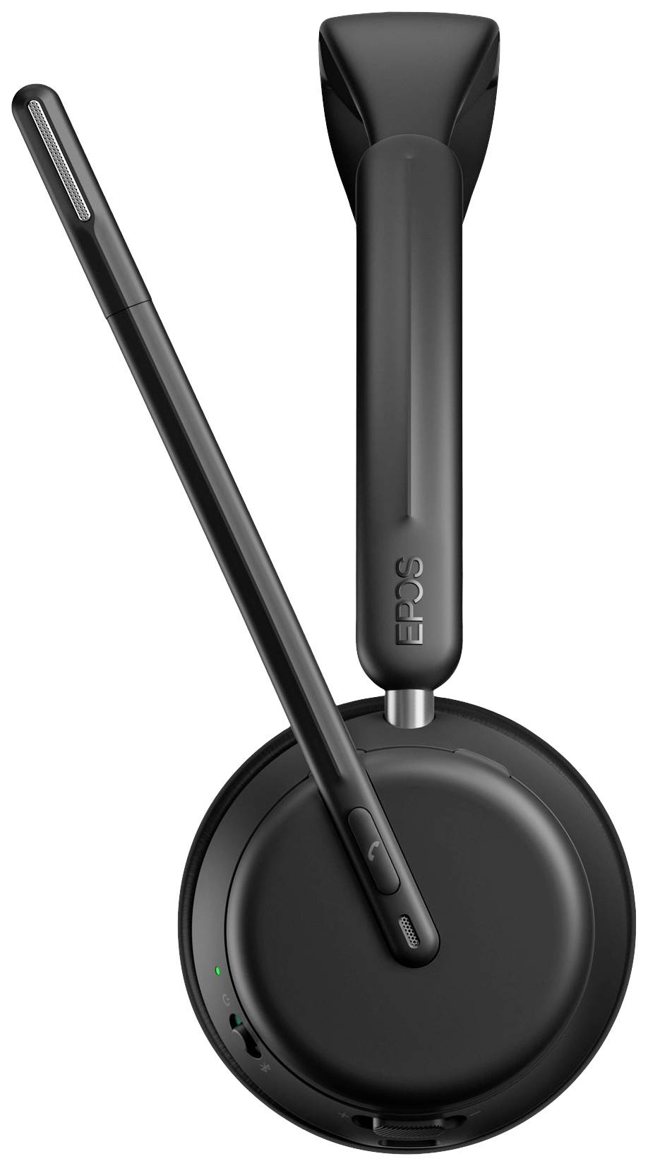 Ein kabelloses Headset in Schwarz mit Mikrofonarm, seitlicher Ansicht. Markenname 'EPOS' ist auf der Ohrmuschel sichtbar.