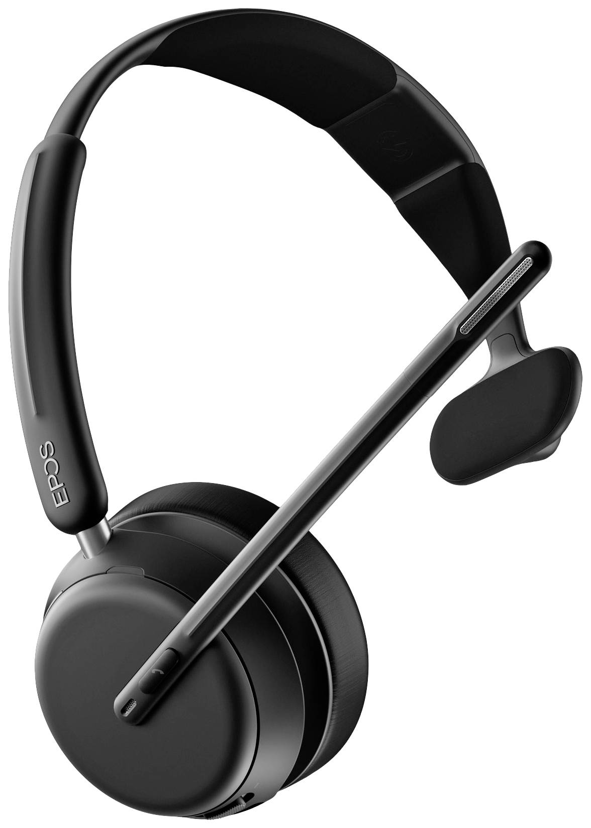 Kabelloses, schwarzes Headset mit Mikrofon, einseitiges Design, gepolsterter Ohrmuschel und verstellbarem Kopfband.