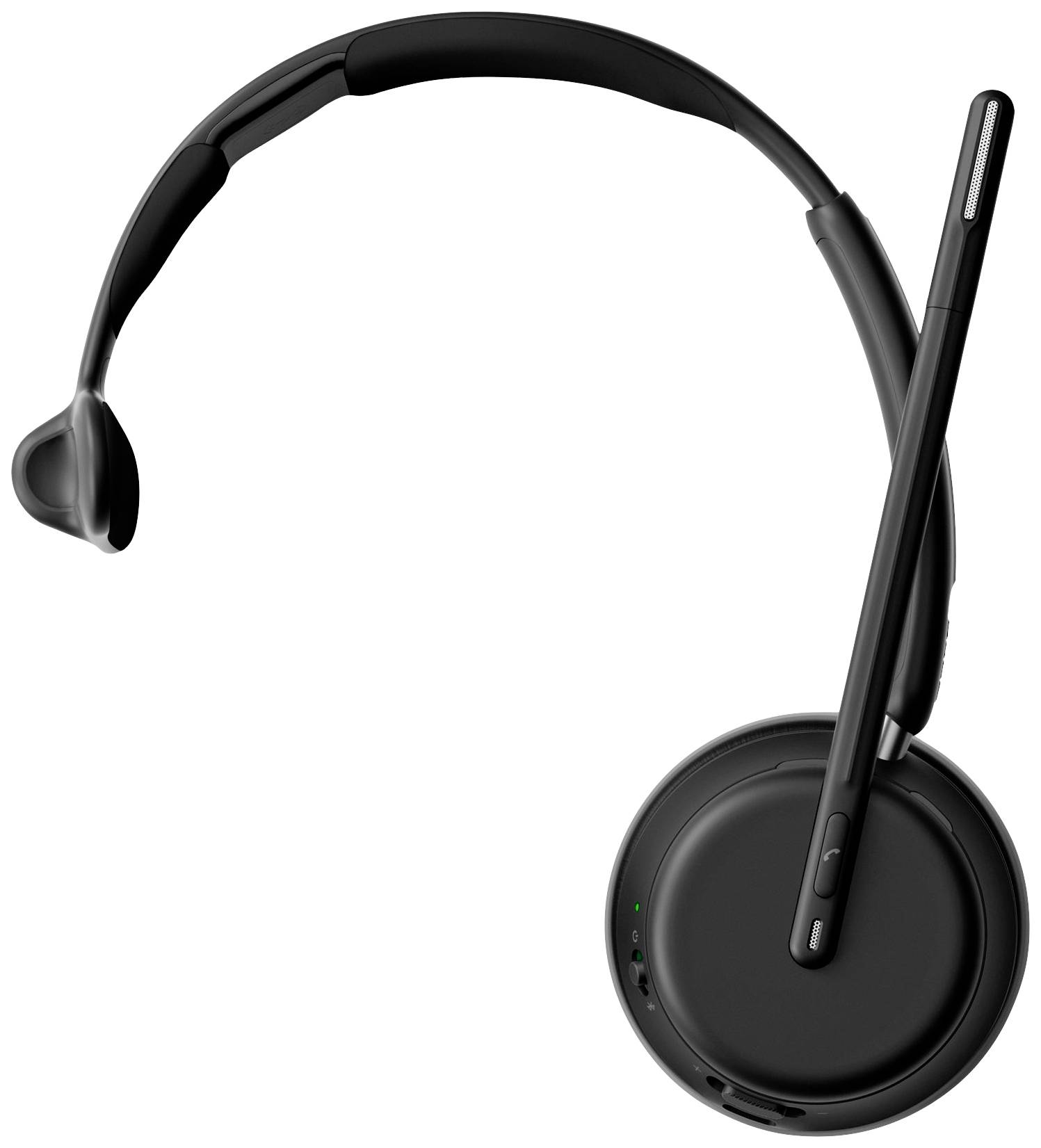 Schwarzes, kabelloses Headset mit flexiblem Mikrofonarm und Ohrbügel für einseitige Nutzung. Ideal für Telefonanrufe oder Online-Meetings.