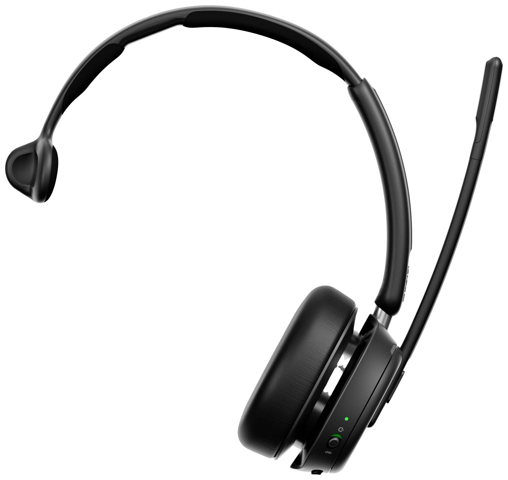 Kabelloses, einohriges Headset mit Mikrofon und Lautstärkeregler, geeignet für Telefonate und Videokonferenzen.