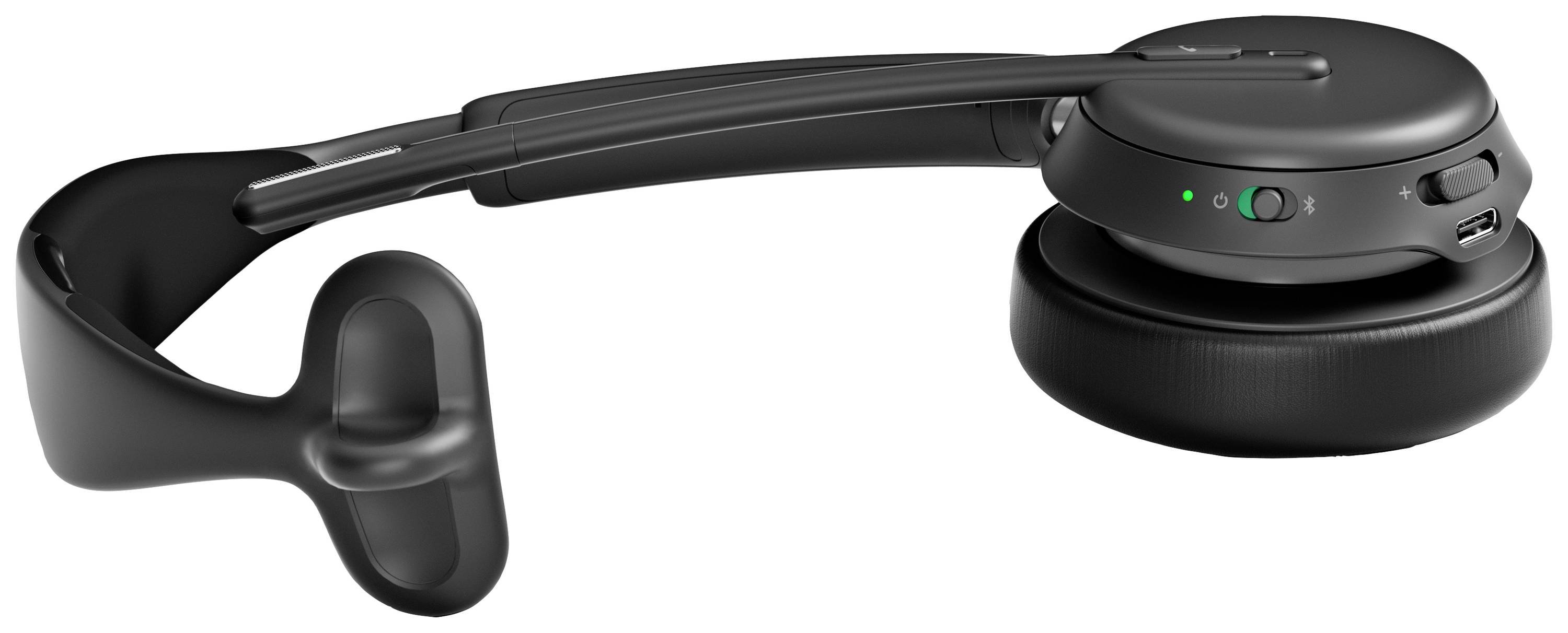 Schwarzer Over-Ear-Kopfhörer mit verstellbarem Bügel, USB-Anschluss und grün leuchtender LED-Anzeige, die Aktivität signalisiert.