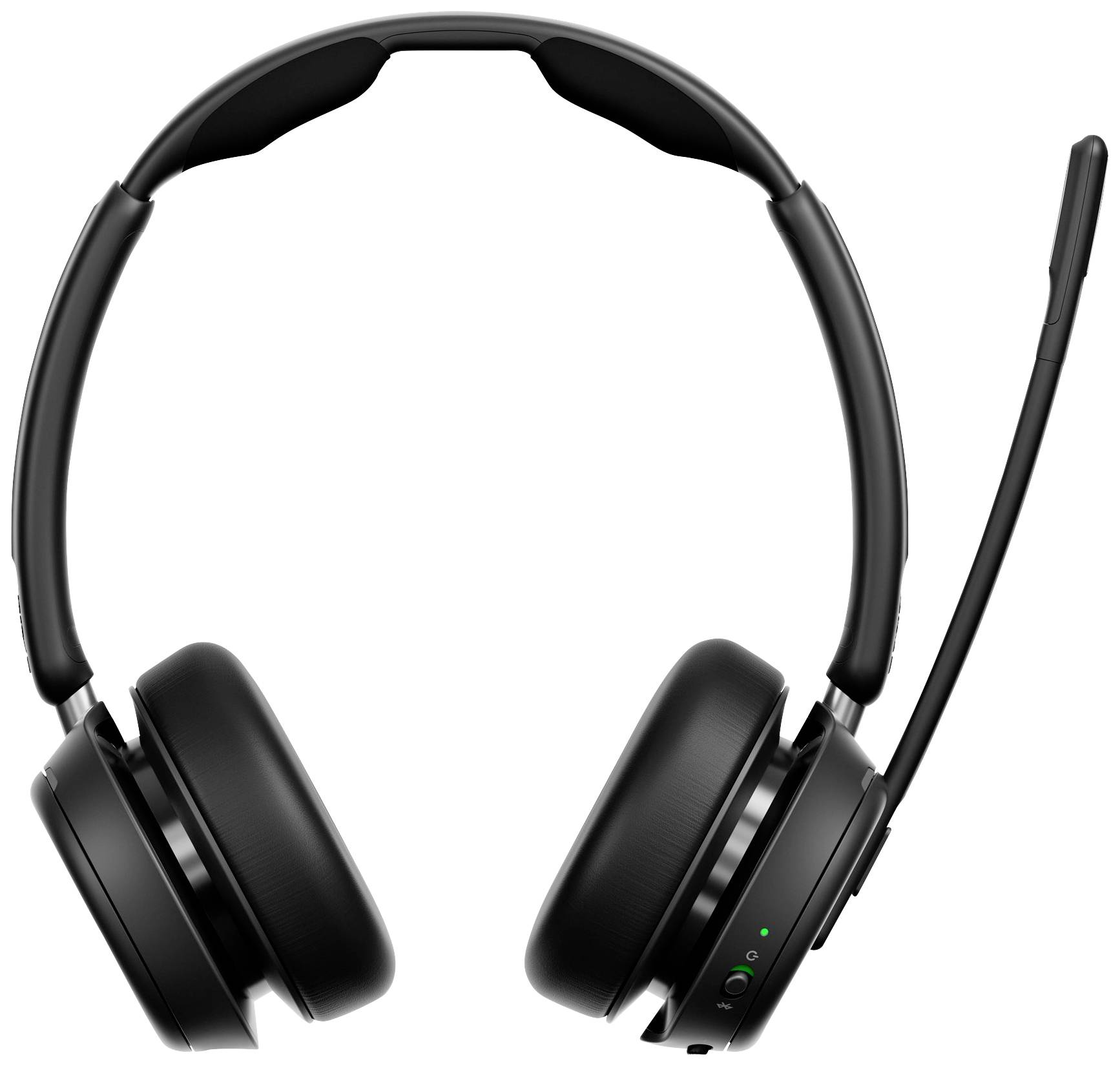 Schwarzes kabelloses Headset mit Mikrofonarm, Ansicht von vorne. Geeignet für Telefonkonferenzen oder Online-Kommunikation.
