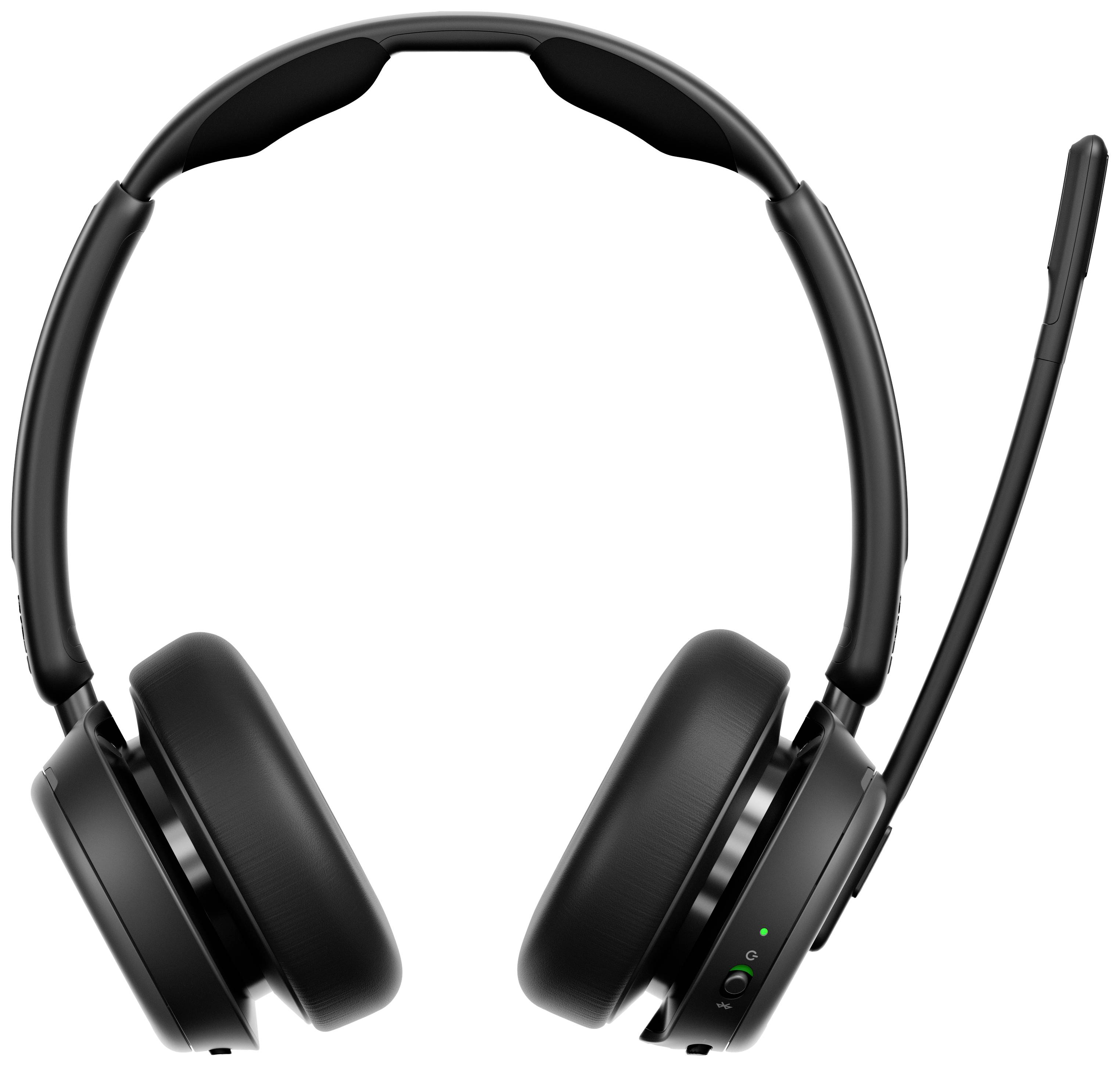 Ein schwarzes, kabelloses Headset mit Mikrofon, geeignet für Telefonie oder Computeranwendungen.