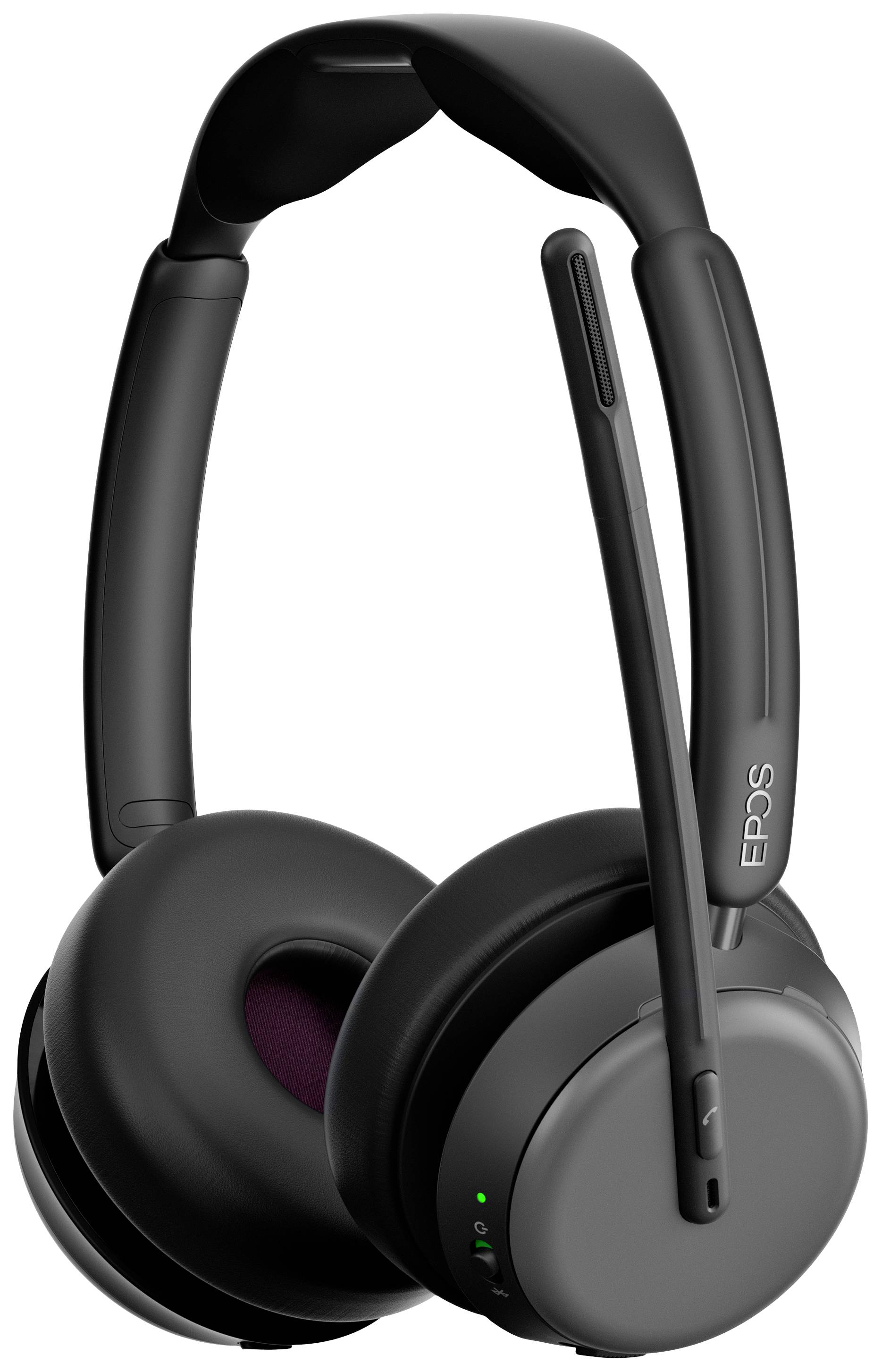 Ein modernes, schwarzes Headset mit Mikrofon, aufrecht stehend. Eignet sich für Anrufe und Musik. Bequem und funktional im Design.