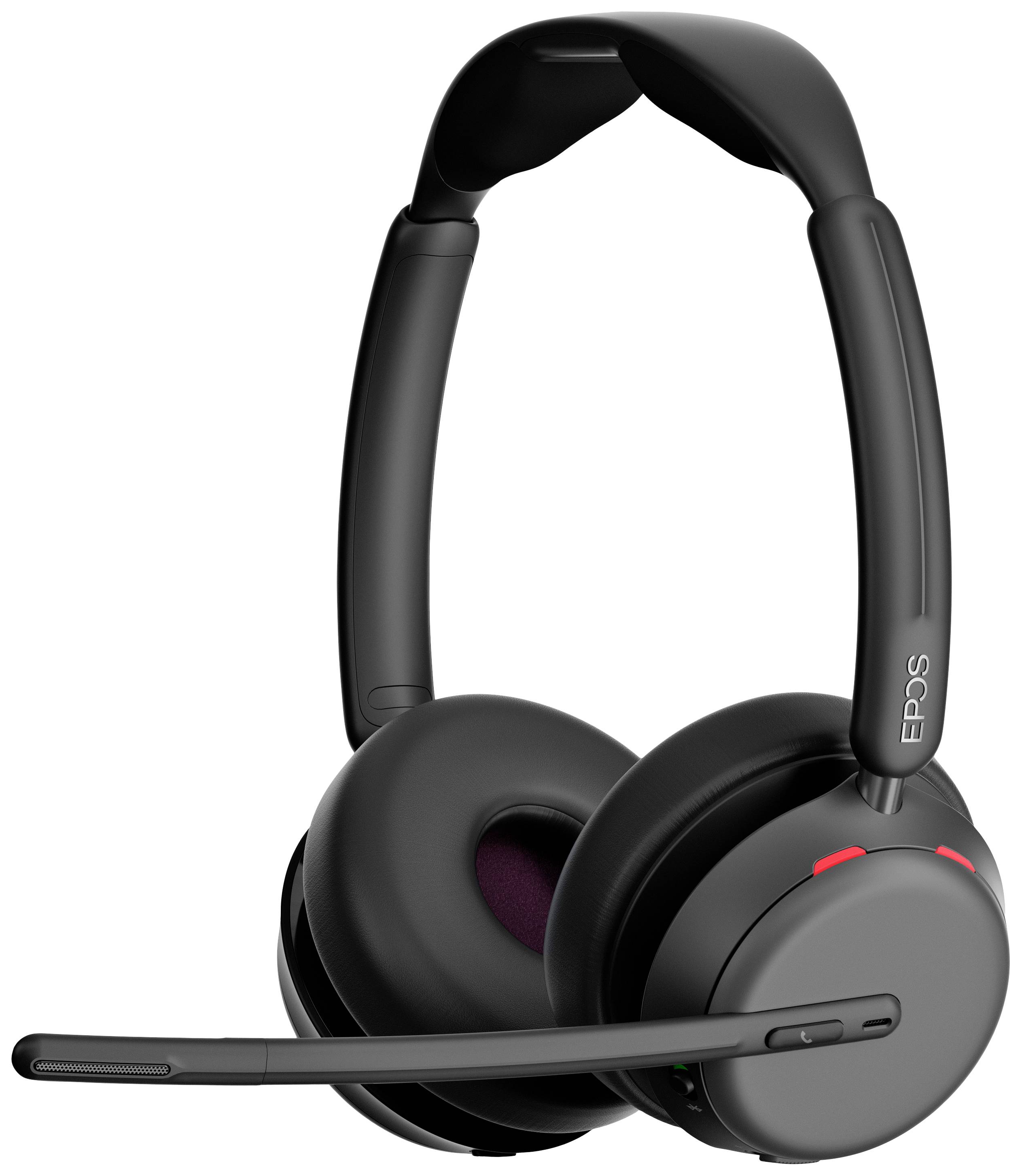 Ein schwarzes Over-Ear-Headset mit Mikrofonarm, kabellos, geeignet für Kommunikation oder Musikhören.