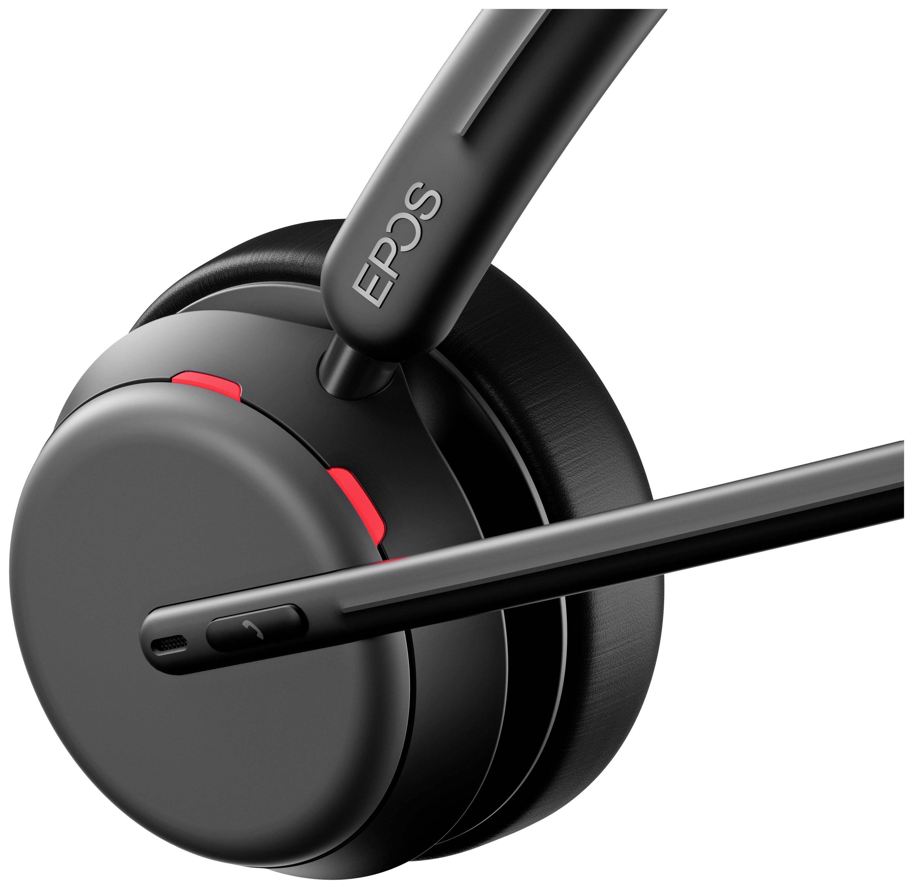 'Schwarzes Headset mit Mikrofonarm und roten Akzenten. Markierung 