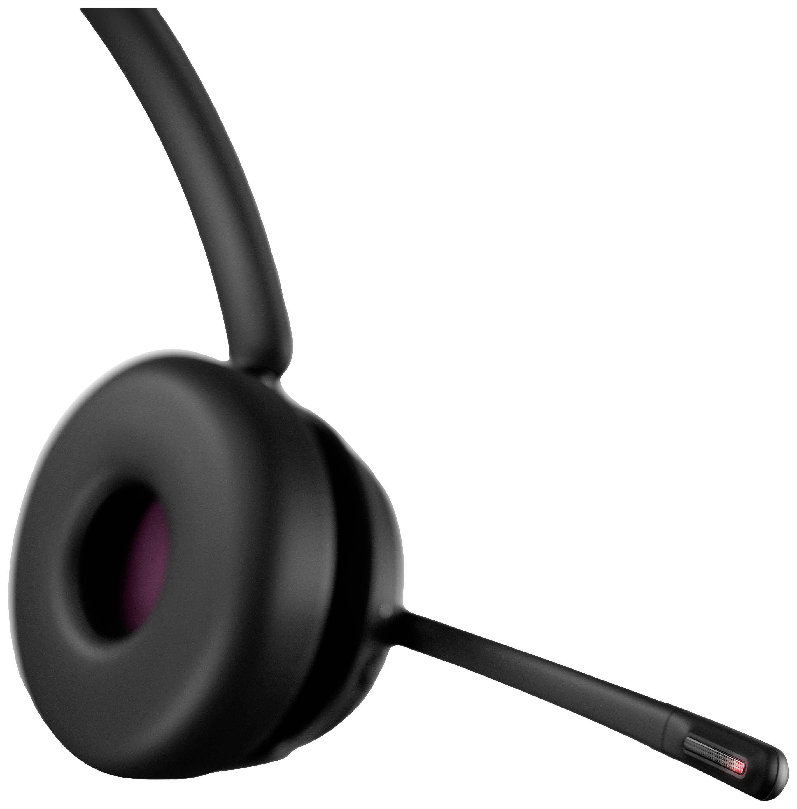 Ein schwarzes Headset mit Mikrofon auf weißem Hintergrund, geeignet für Telefonate oder Videokonferenzen.