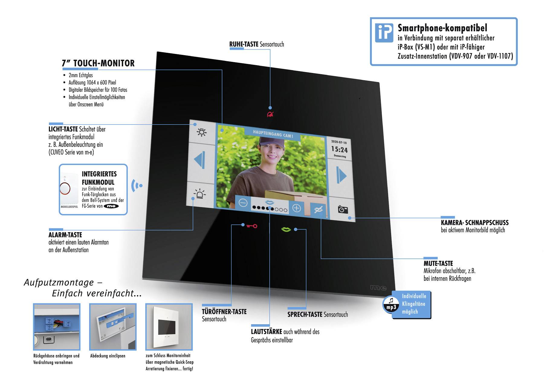 M-e modern-electronics VDV-1007W Video-Türsprechanlage Funk Inneneinheit Weiß