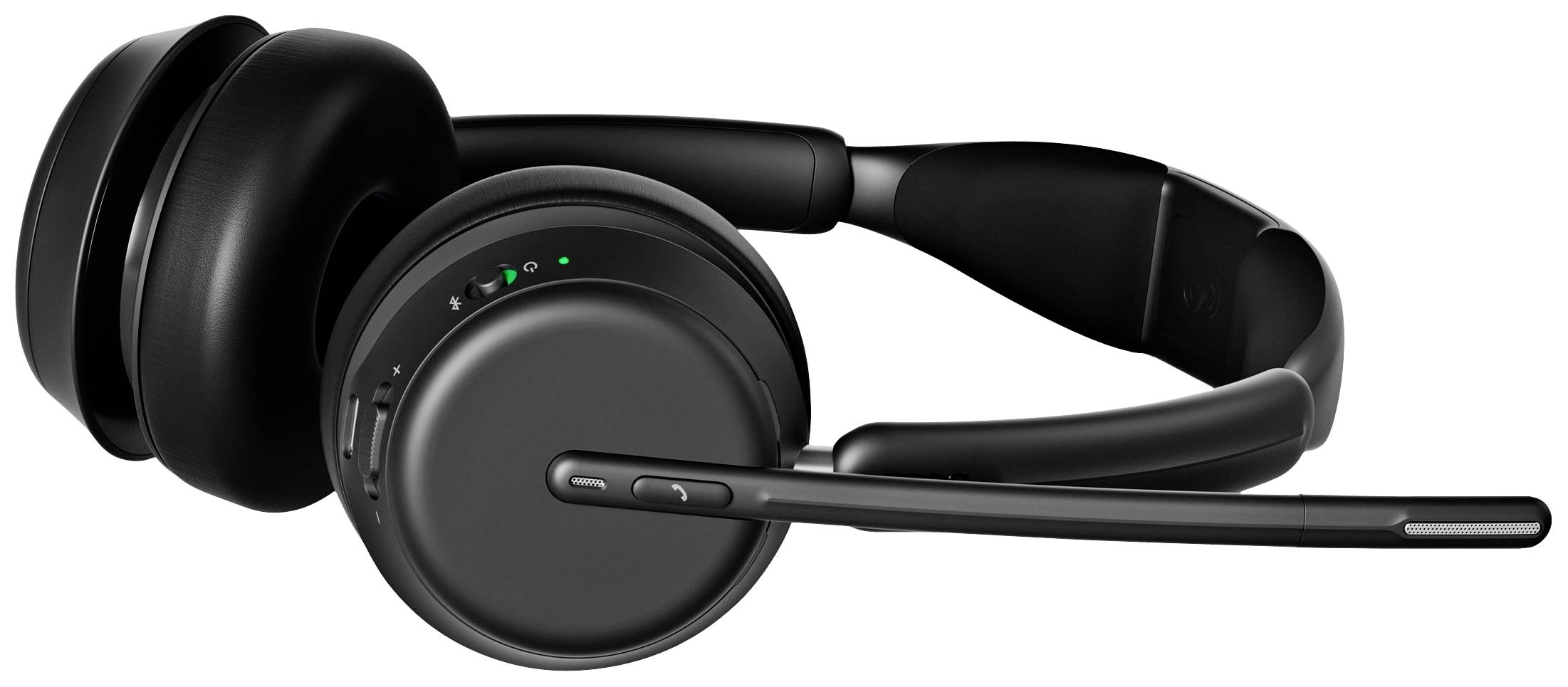 Schwarze, kabellose Kopfhörer mit integriertem Mikrofon und Steuerungstasten an der Seite.