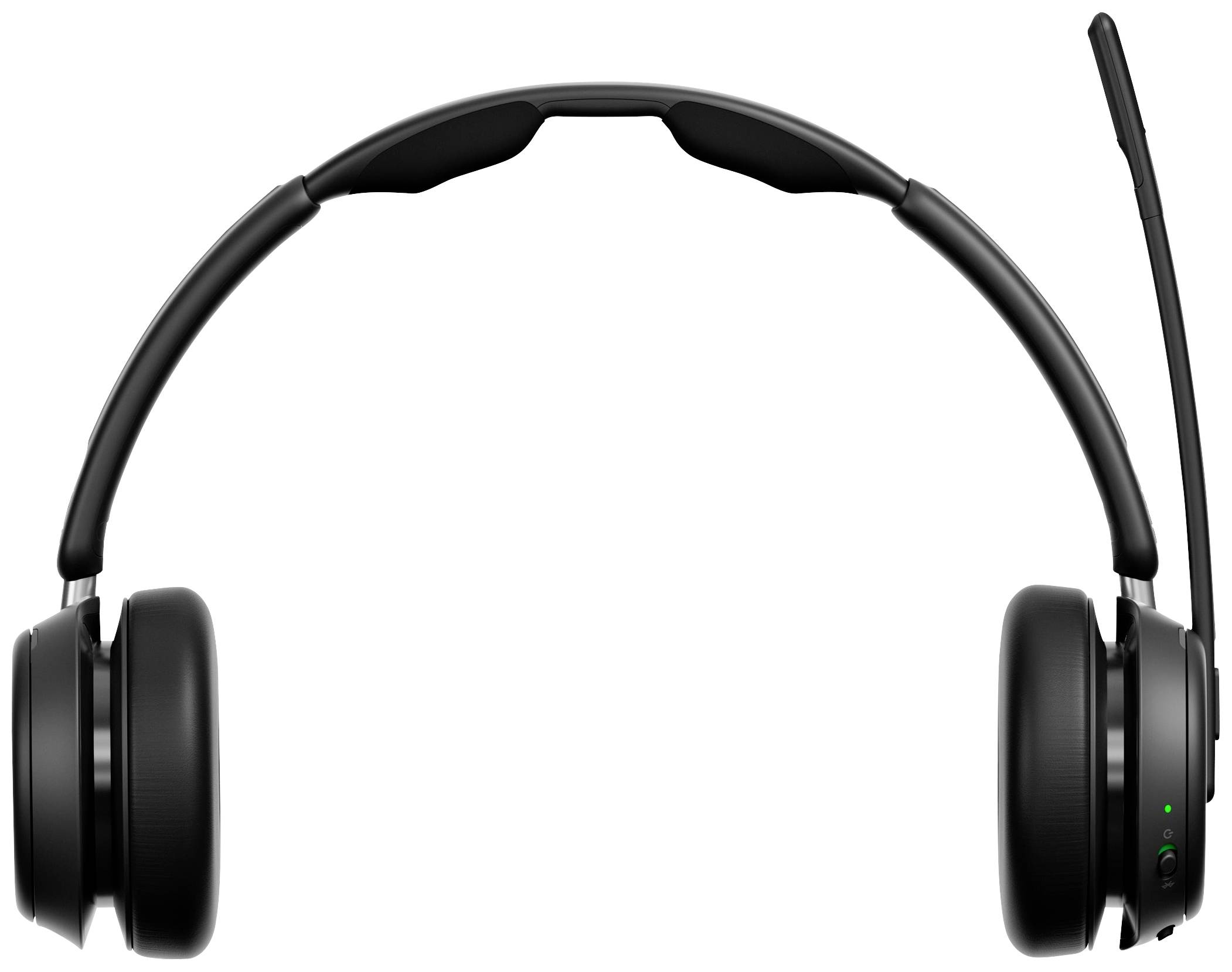 Schwarzes Over-Ear-Headset mit Mikrofon, das nach unten zeigt. Geeignet für Telefonanrufe und Computerkommunikation.