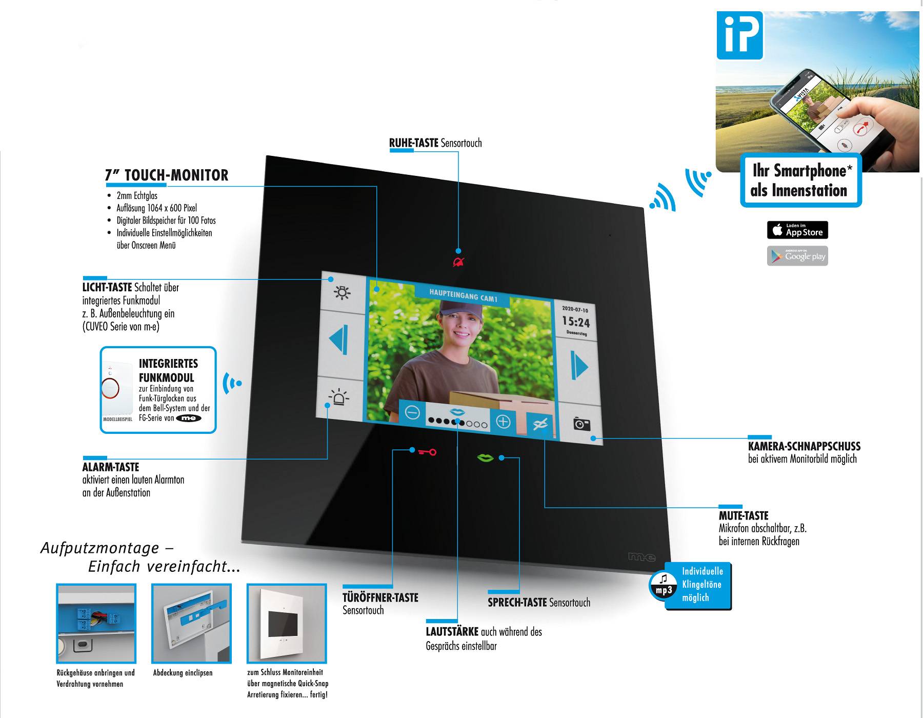 M-e modern-electronics VDV-1107 S IP-Video-Türsprechanlage Funk, WLAN Inneneinheit Schwarz