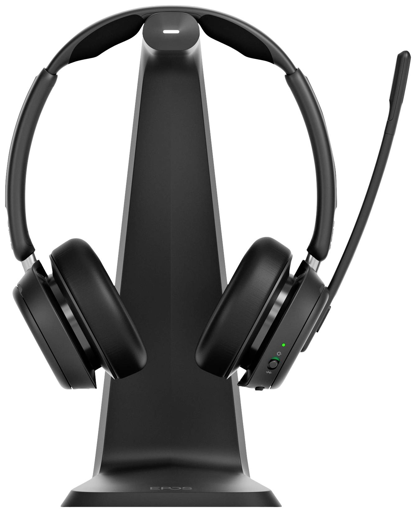 Schwarzes, kabelloses Headset auf einer Ladestation, mit Mikrofonarm, ideal für Büroanwendungen und klare Kommunikation.