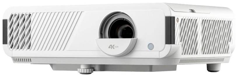 Weißer 4K-Projektor, frontalansicht, mit zentralem Objektiv und Lüftungsschlitzen an den Seiten.