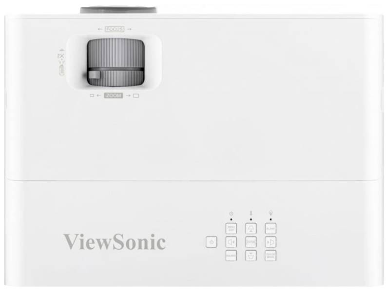Beamer der Marke ViewSonic mit Bedientasten auf der Oberseite und einem Zoom-Rad.