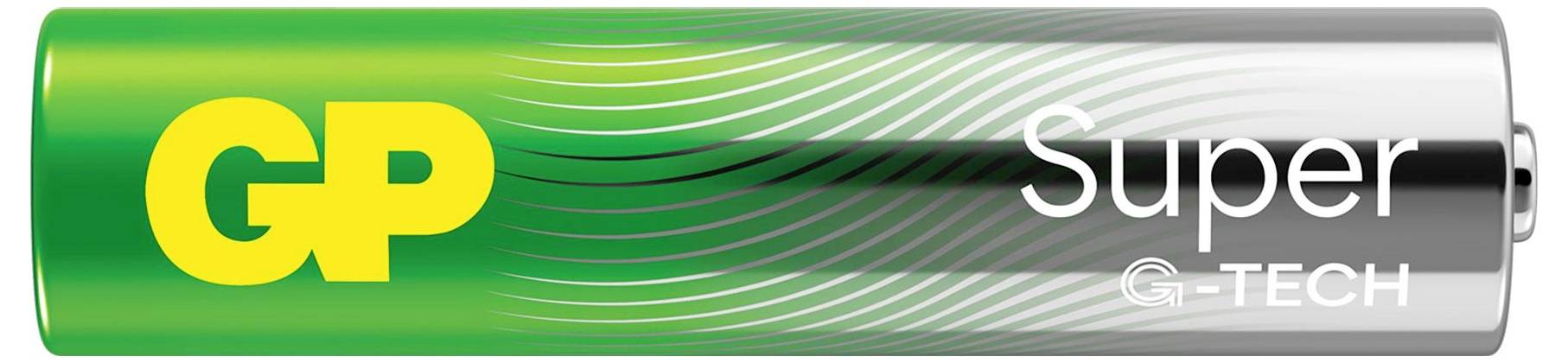 Grüner GP Super G-TECH Batteriezylinder mit gelbem GP-Logo und weißer Aufschrift Super G-TECH.