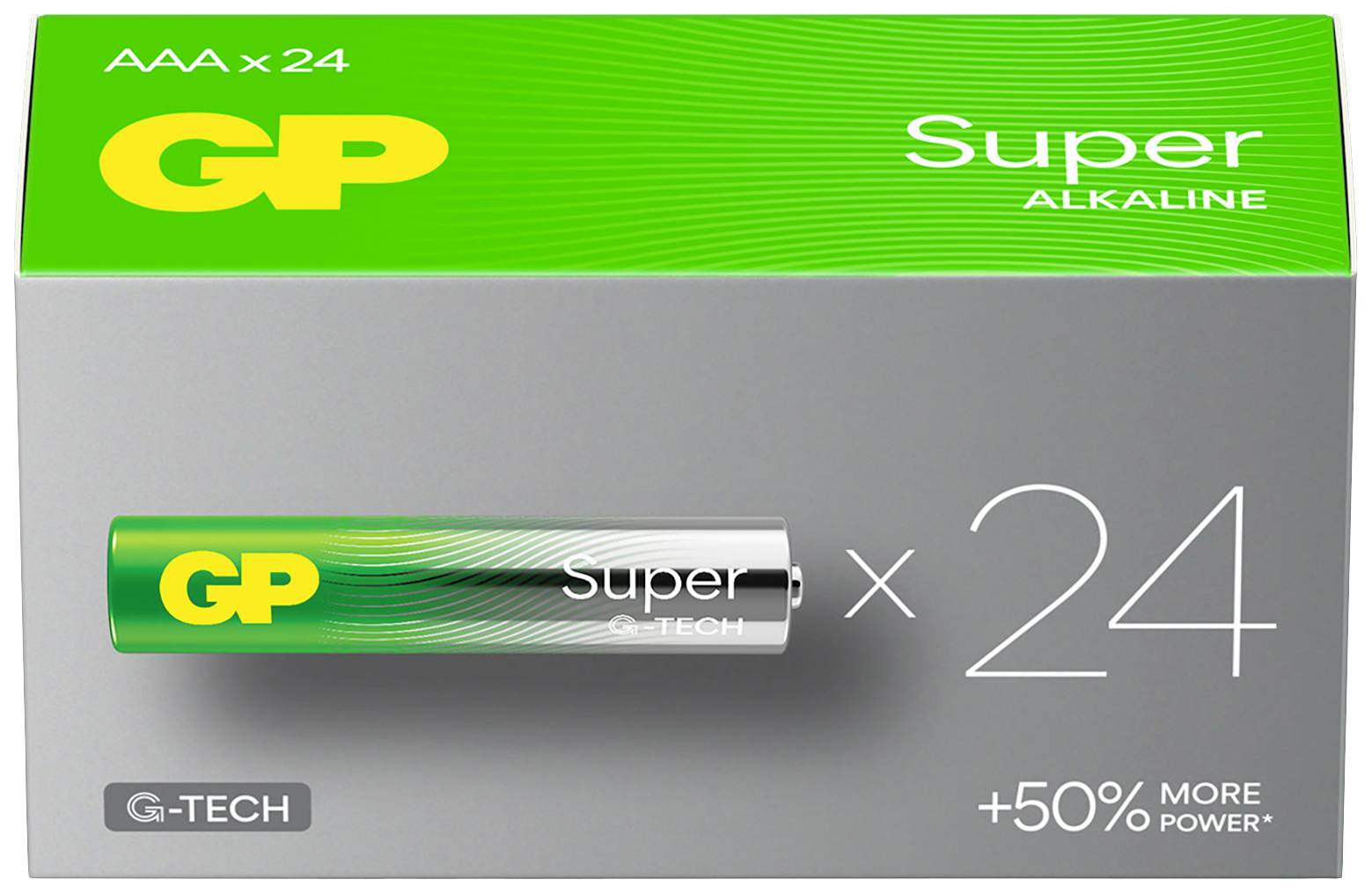 Verpackung einer Batterie mit der Aufschrift 'GP Super Alkaline AAA x 24'. Enthält 24 Batterien, betont lang anhaltende Leistung.