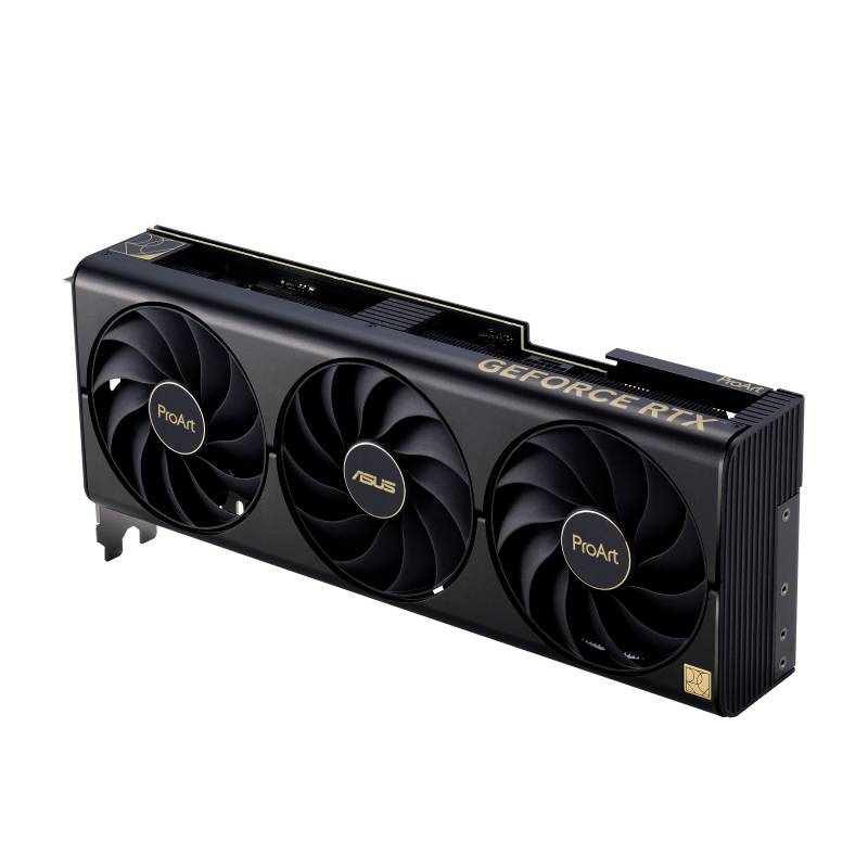Schwarze Grafikkarte mit drei Lüftern, Aufschrift 'ProArt' auf Lüftern und 'GeForce RTX' oben. Elegantes Design für den professionellen Einsatz.
