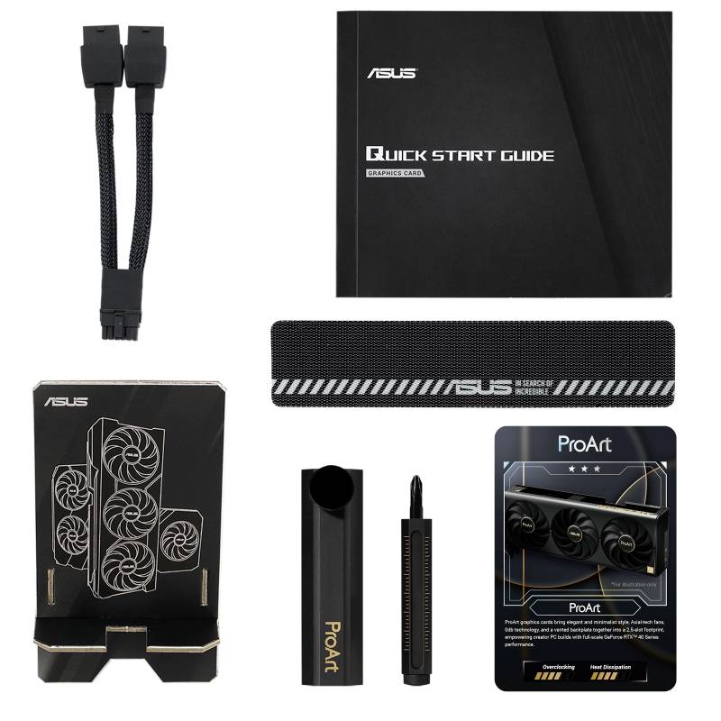 ASUS Grafikkarte Zubehör: Quick-Start-Anleitung, zwei Kabel, Halterung, Magnethalter und ProArt-Kartenhalter.