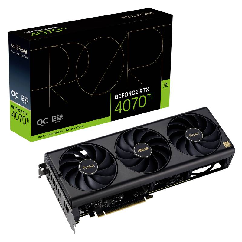 Eine ASUS ProArt GeForce RTX 4070 Ti Grafikkarte mit drei Kühlern. Verpackung zeigt 'OC', 'DLSS 3', 'Ray Tracing', 12GB.