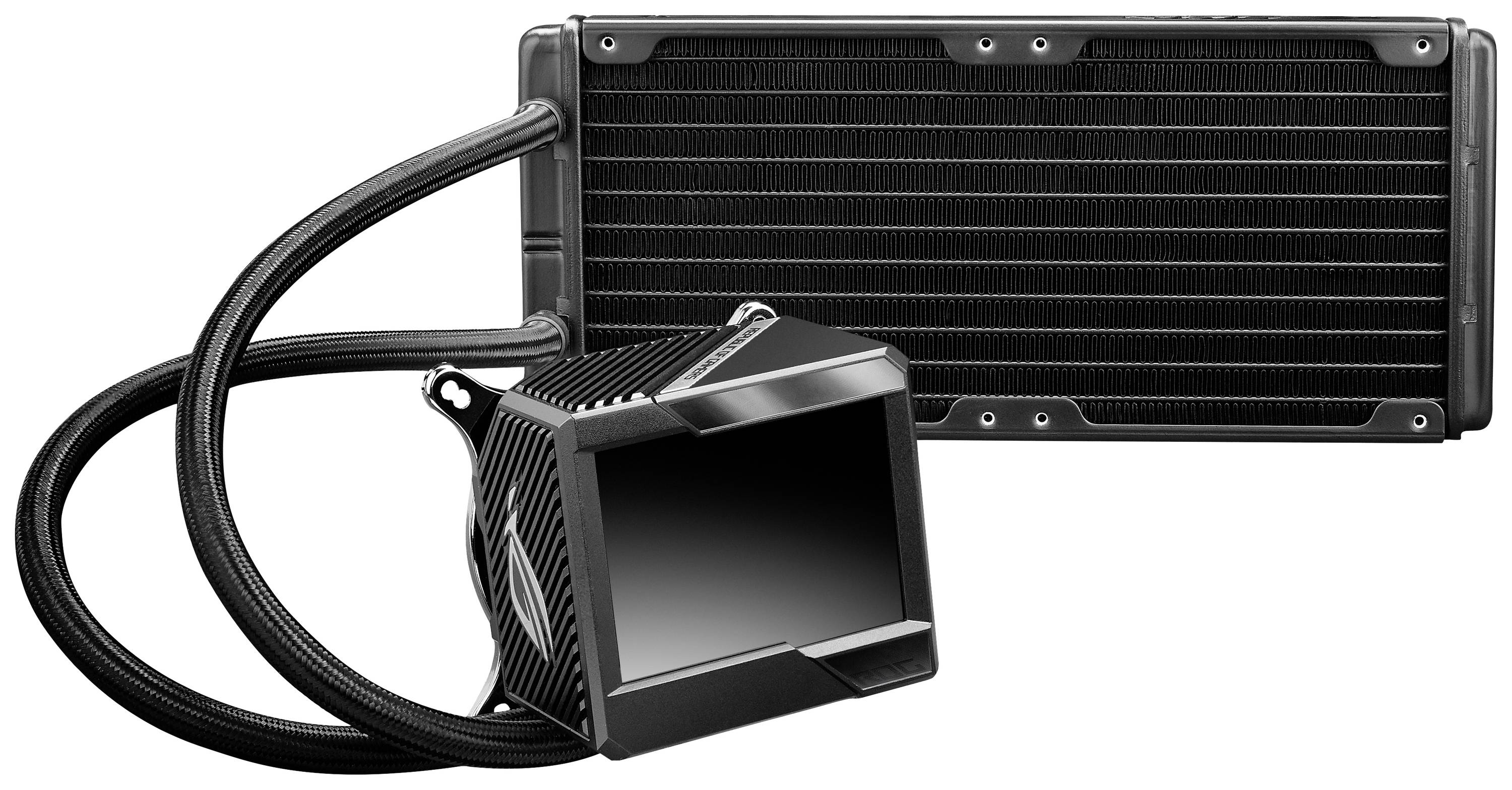 Schwarzer CPU-Wasserkühler mit rechteckigem Radiator und zwei flexiblen Schläuchen; effizient zur Prozessor-Kühlung.