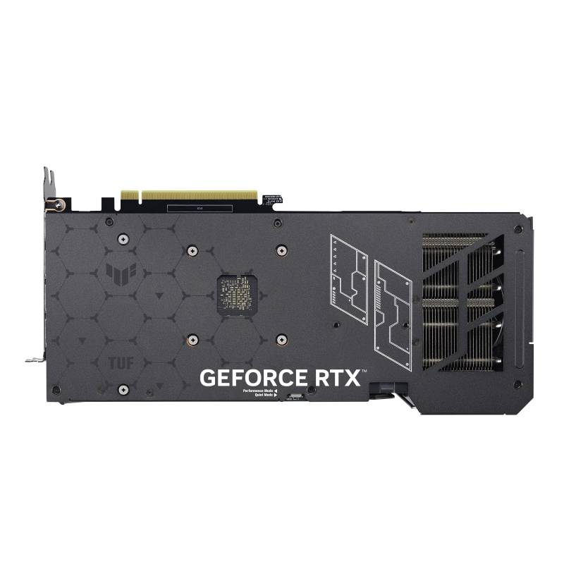 Eine schwarze Grafikkarte von hinten mit Aufschrift 'GEFORCE RTX', rechteckiges Design, Lüftungsschlitze auf der rechten Seite.