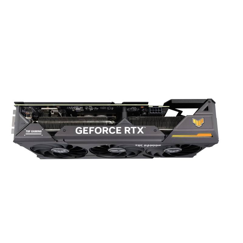 Eine Grafikkarte mit mehreren Lüftern, gelabelt 'GEFORCE RTX' und 'TUF GAMING', geeignet für leistungsstarkes Gaming und Grafikanwendungen.