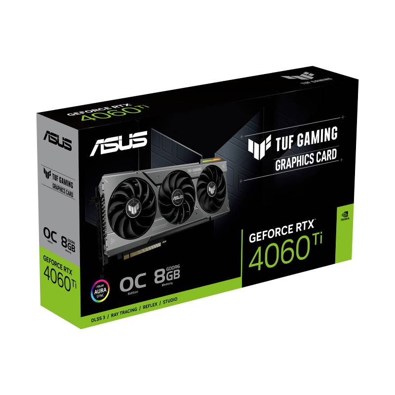 Grafikkartenverpackung: ASUS TUF Gaming GeForce RTX 4060 Ti mit 8GB, hervorgehoben sind Funktionen wie DLSS 3, Ray Tracing und mehr.