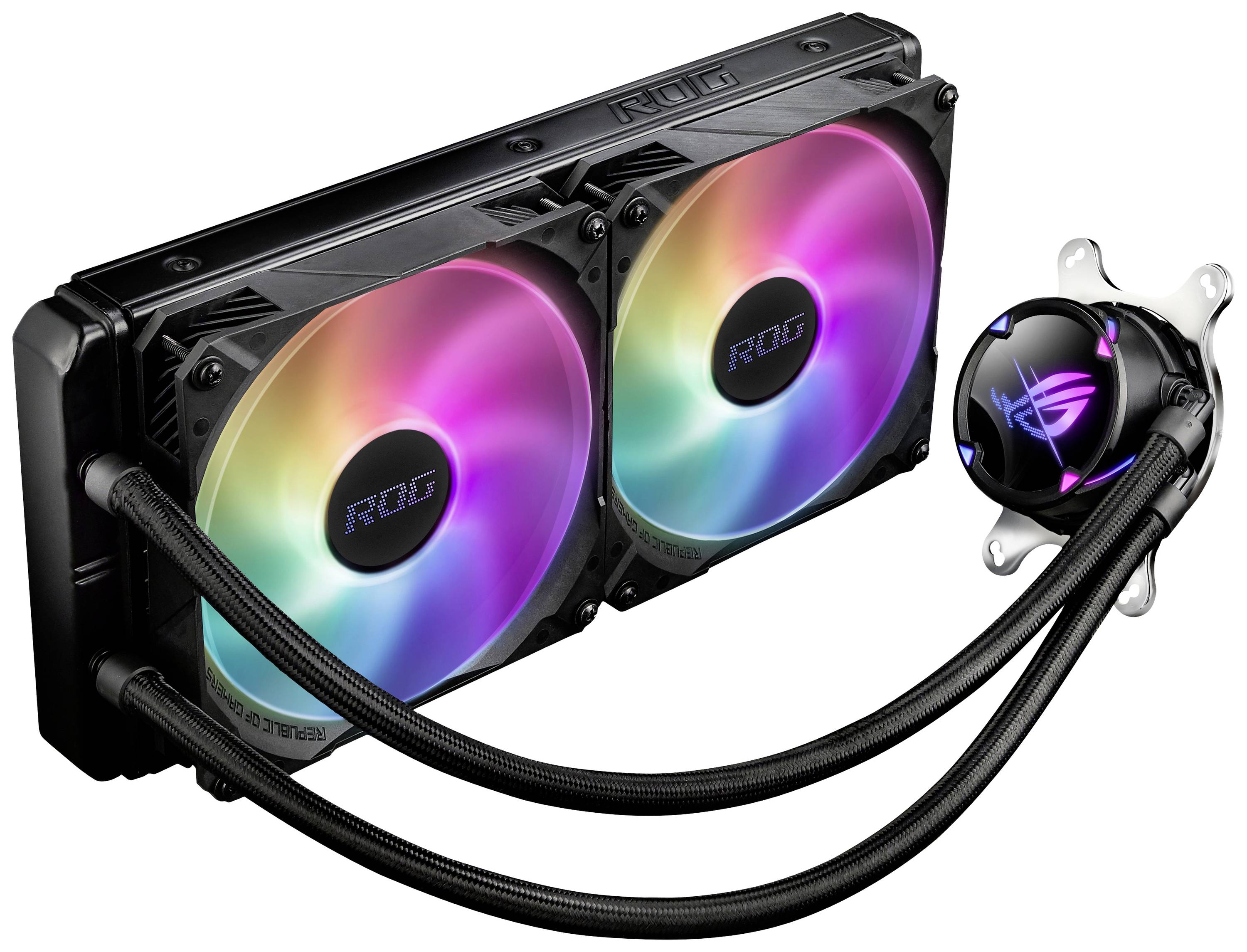 Kühlkörper mit zwei beleuchteten Lüftern und einem verbundenen CPU-Wasserkühler. RGB-Beleuchtung auf Lüftern sichtbar.