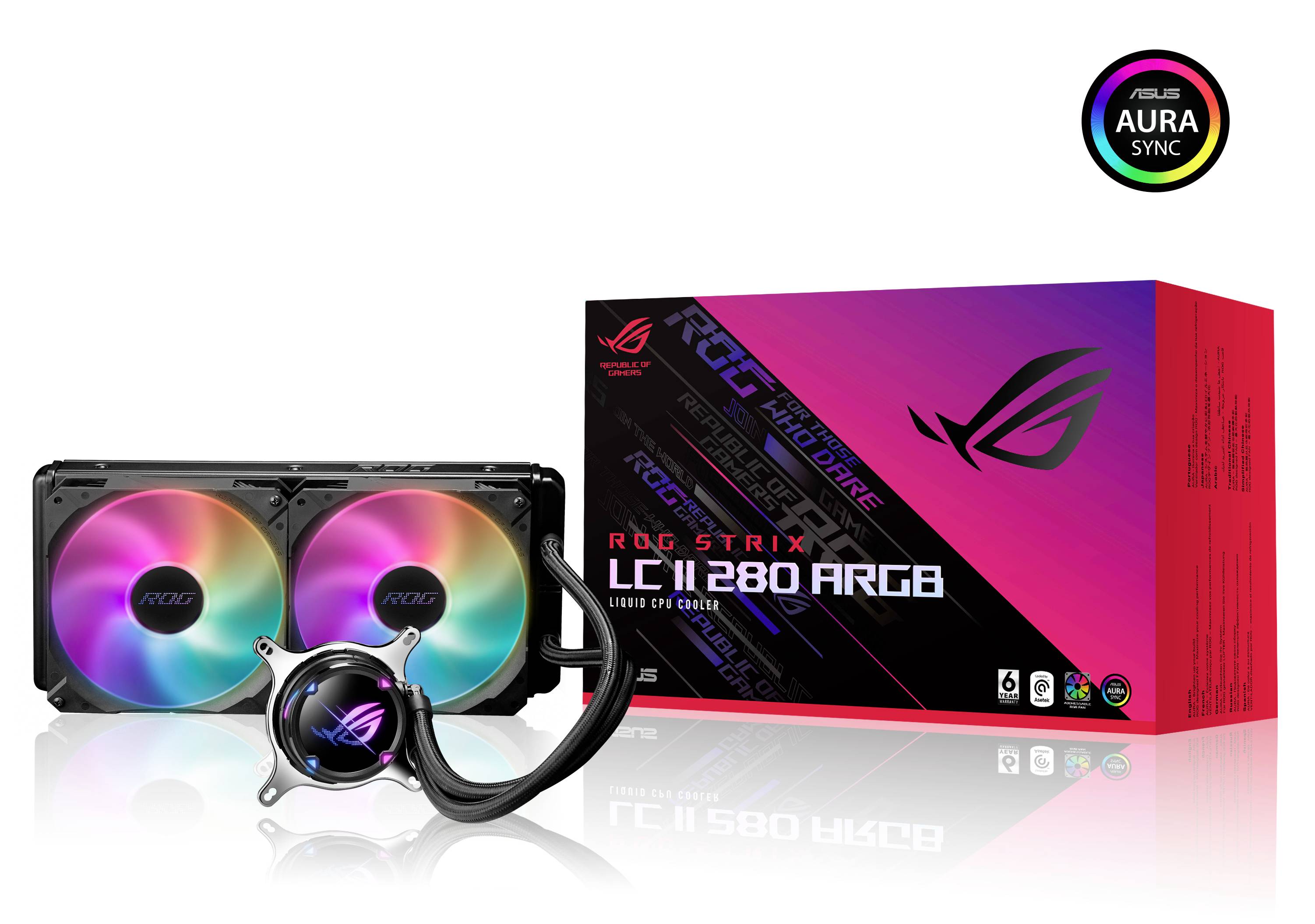 'ASUS ROG Strix LC II 280 ARGB' Flüssigkeitskühler mit beleuchteten Lüftern und Verpackung, geeignet für leistungsstarke Gaming-PCs.