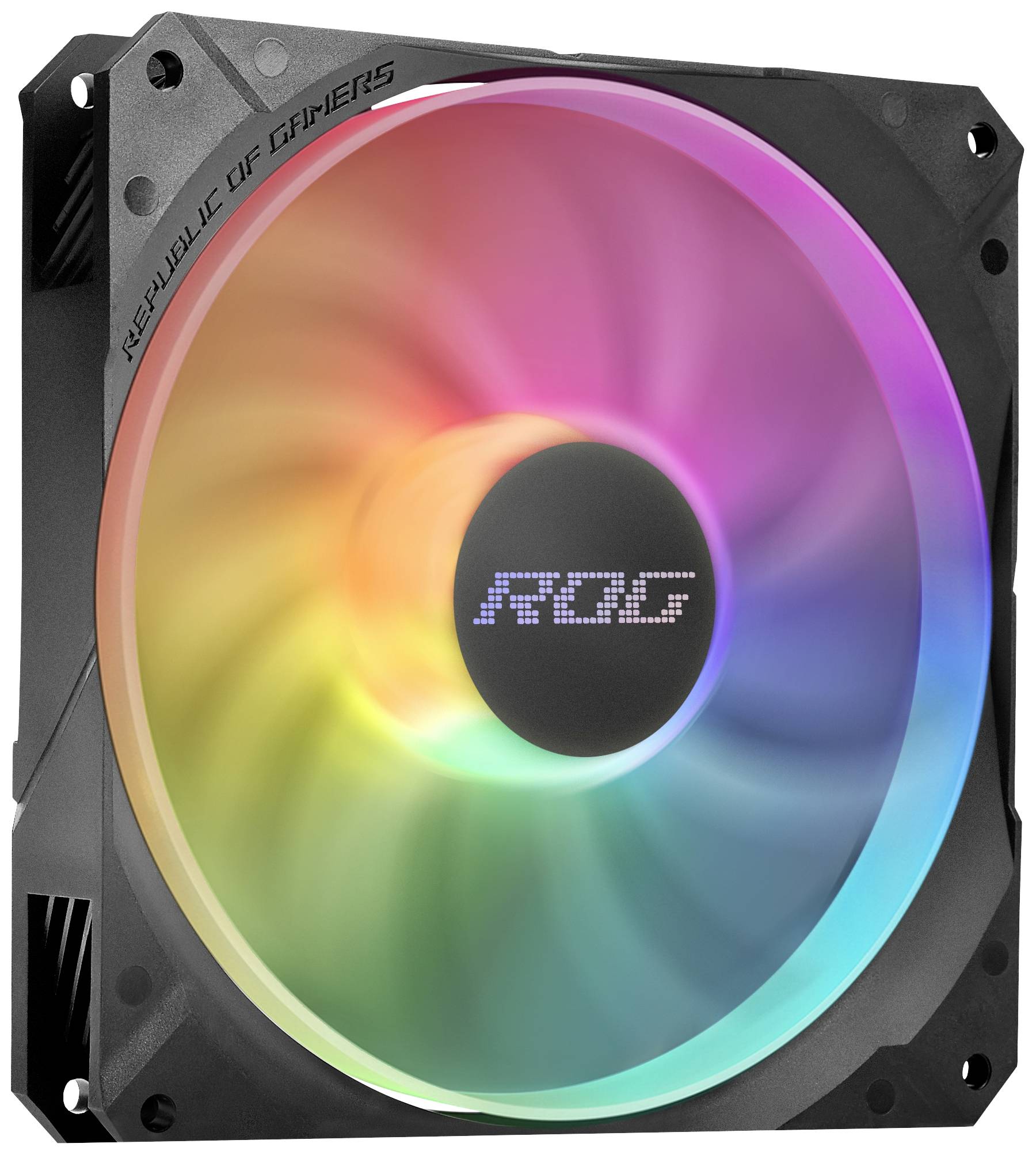 Ein Computerlüfter mit RGB-Leuchten zeigt ein Farbspektrum von Rot zu Blau. Aufschrift: 'Republic of Gamers'.
