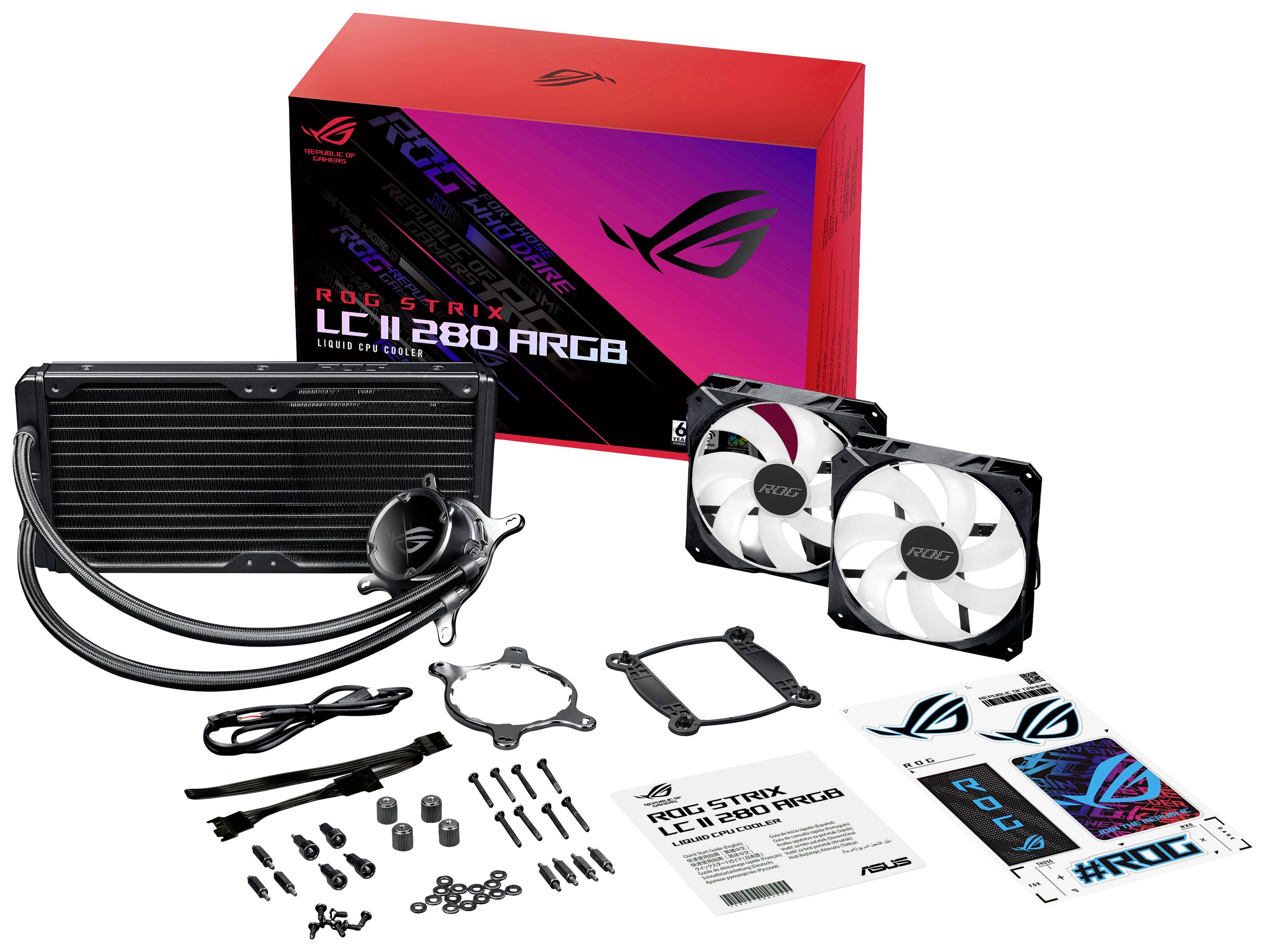 'ROG Strix LC II 280 ARGB' Wasserkühlungskit mit zwei Lüftern, Radiator, Montagezubehör und RGB-Beleuchtungseffekten, in Verpackung.