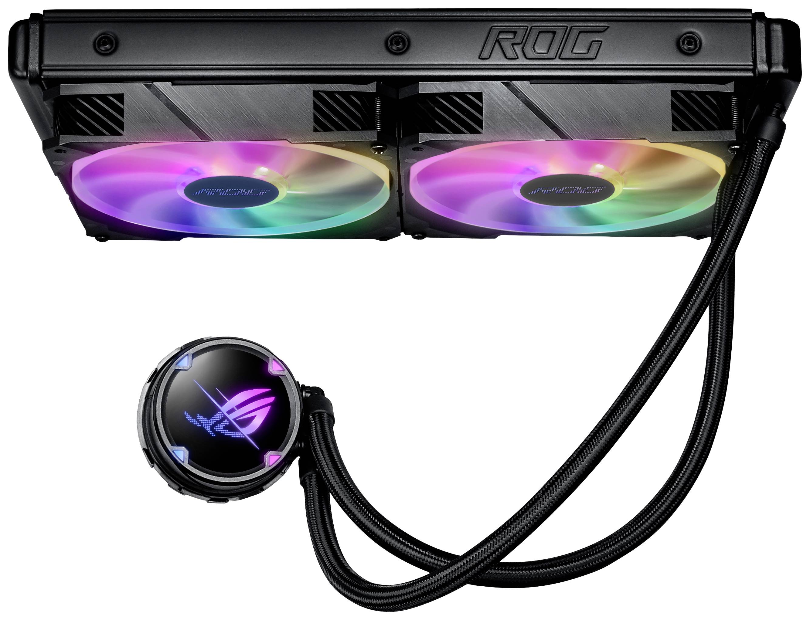 Kühlersystem mit beleuchteten Lüftern und flexiblen Schläuchen, Marke sichtbar. Geeignet für Computer-Hardware.