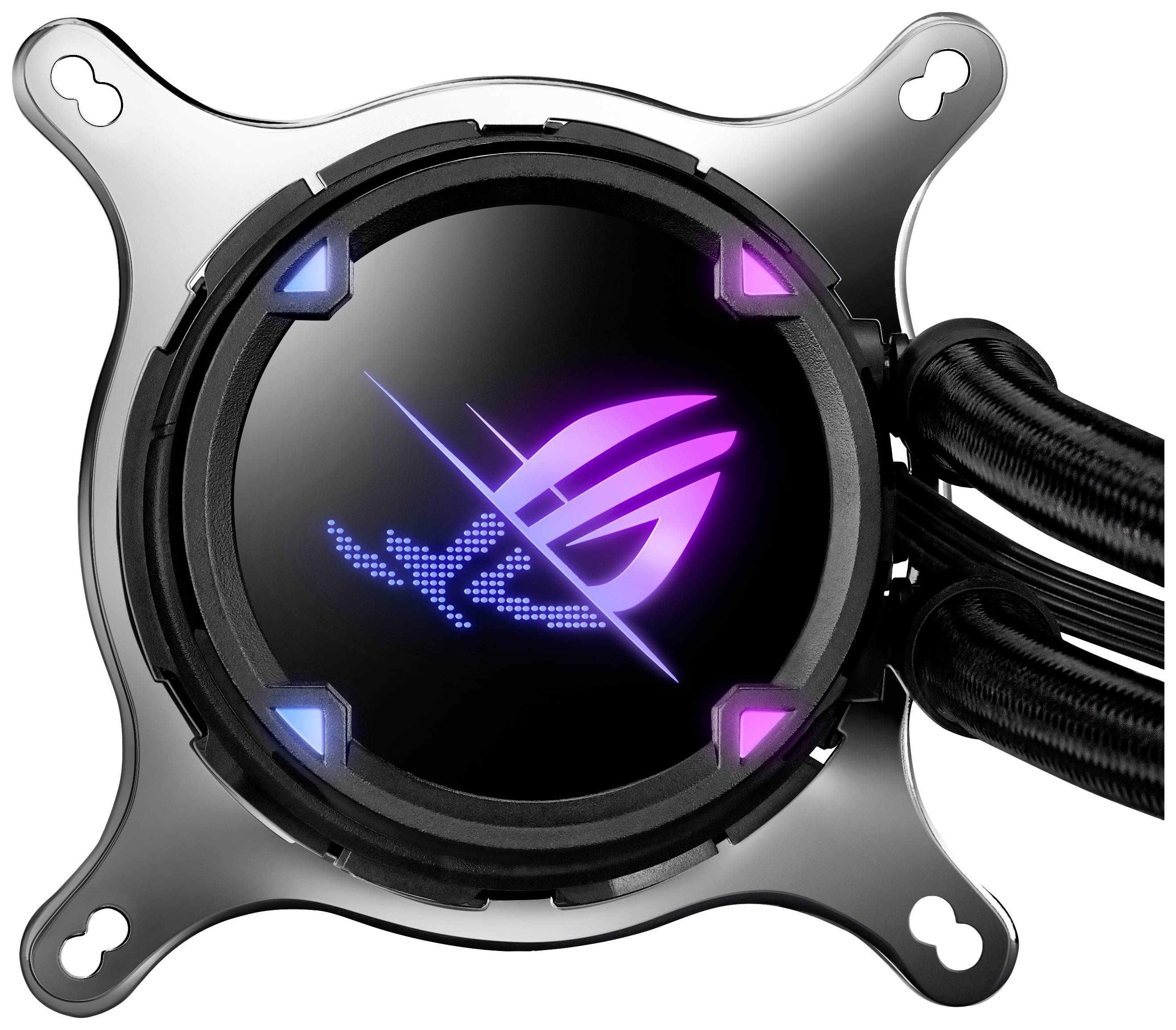 Ein runder CPU-Kühler mit einem leuchtenden Logo und Farbwechsel-LEDs. Schwarze Kabel sind an der Seite angebracht.