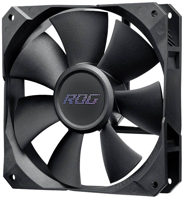 Ein schwarzer Computerlüfter mit dem Logo 'ROG' in der Mitte. Der Lüfter hat fünf breite Flügel und ist in einem rechteckigen Rahmen.