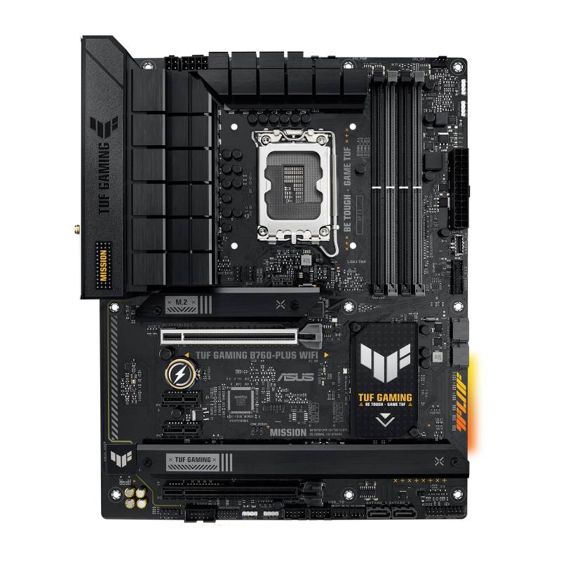 Eine ASUS TUF Gaming D760-Plus WiFi-Mainboard mit CPU-Sockel, RAM-Steckplätzen und erweiterten Kühlkörpern, geeignet für Gaming-PCs.