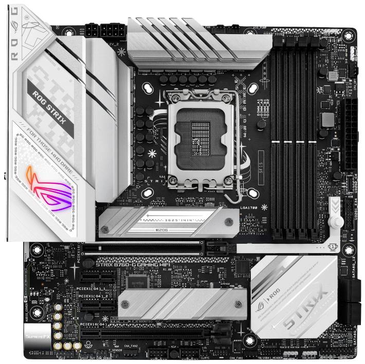 Abbildung eines Asus ROG Strix Mainboards mit prominentem CPU-Sockel in der Mitte, umgeben von Kühlkörpern und Speichersteckplätzen.