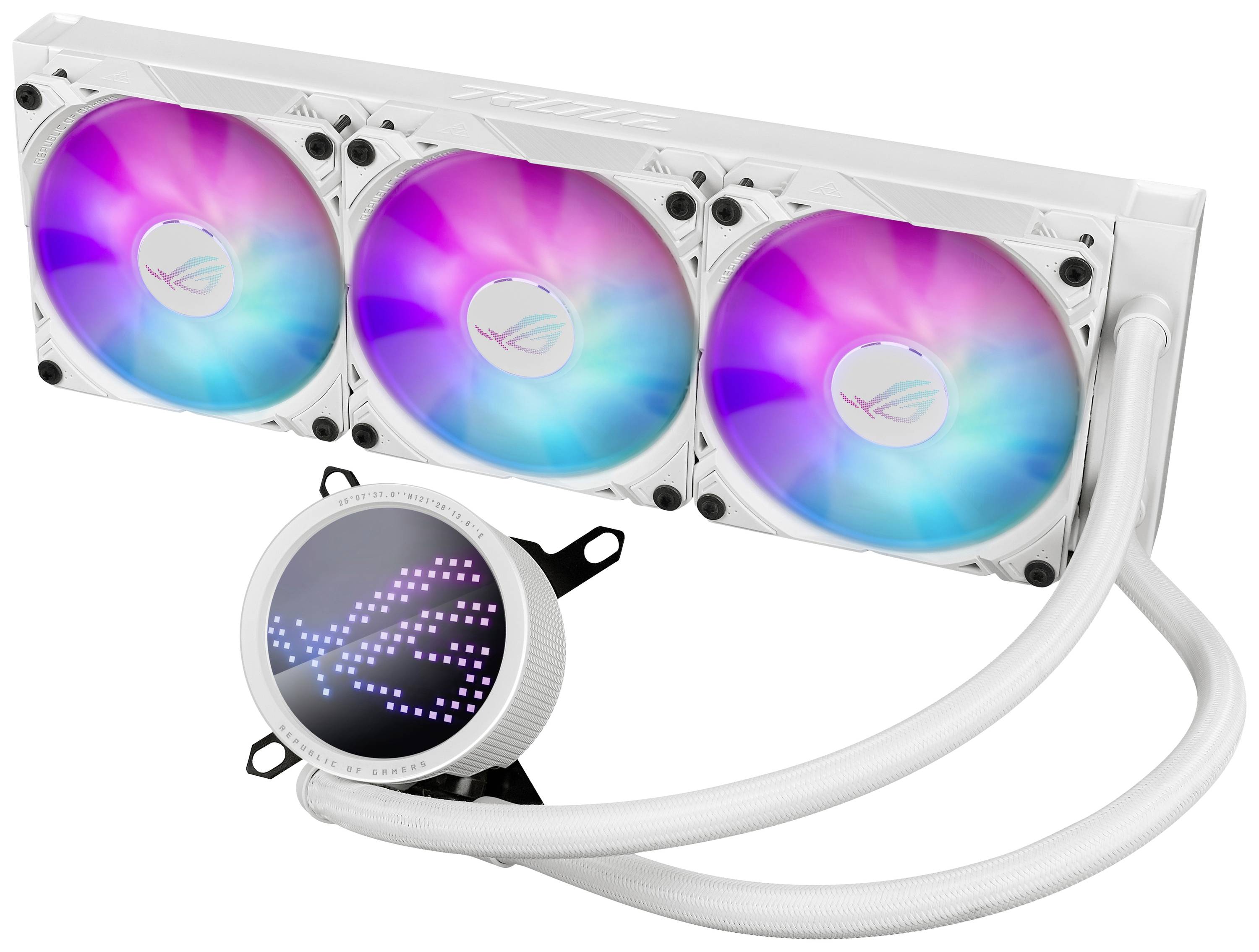 Eine weiße Computer-Wasserkühlung mit drei RGB-Lüftern und einem Display am Kühlkörper, das ein Muster in bunten Pixeln zeigt.