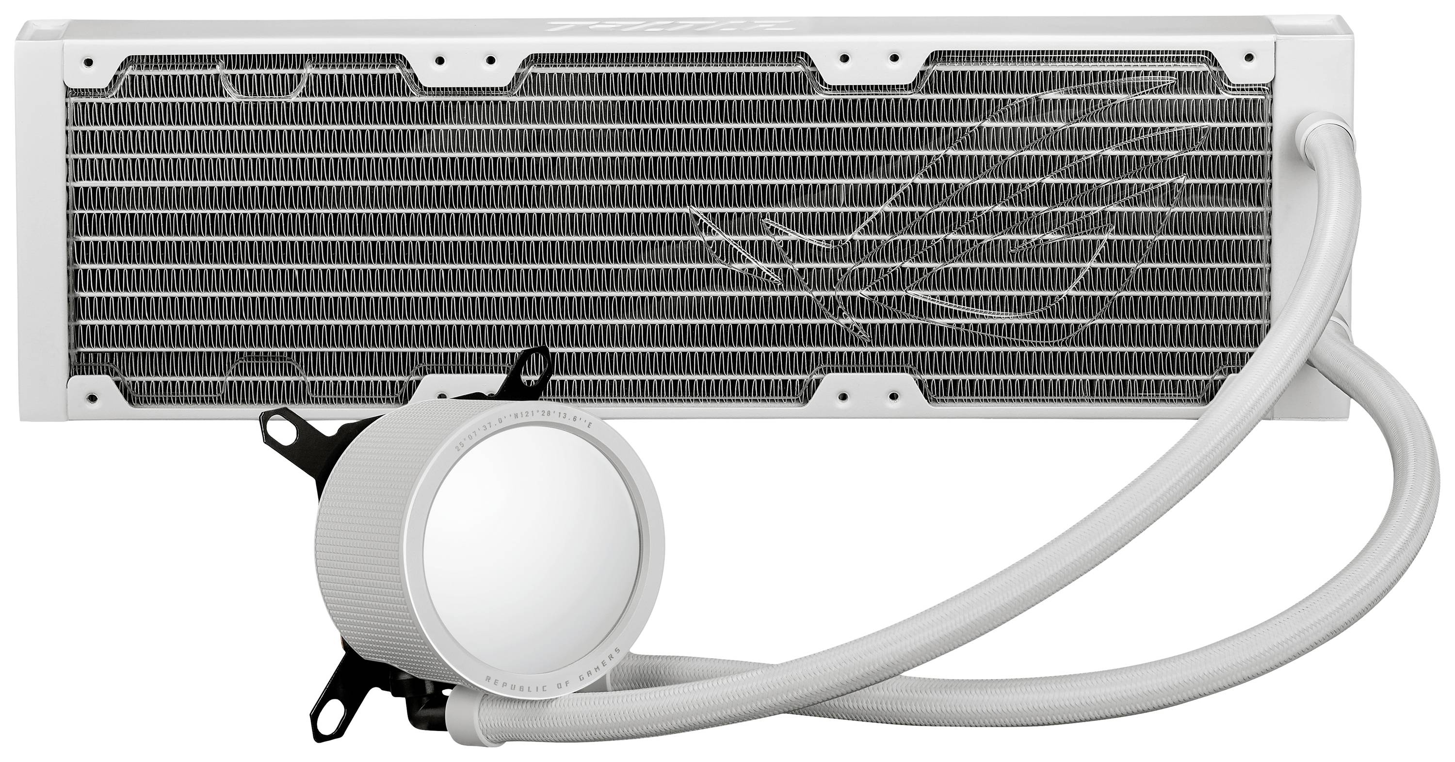 PC-Wasserkühler mit weißen Schläuchen und Lüfter, geeignet für den Einbau in Spielecomputer, zur effizienten Kühlung von Hardware.