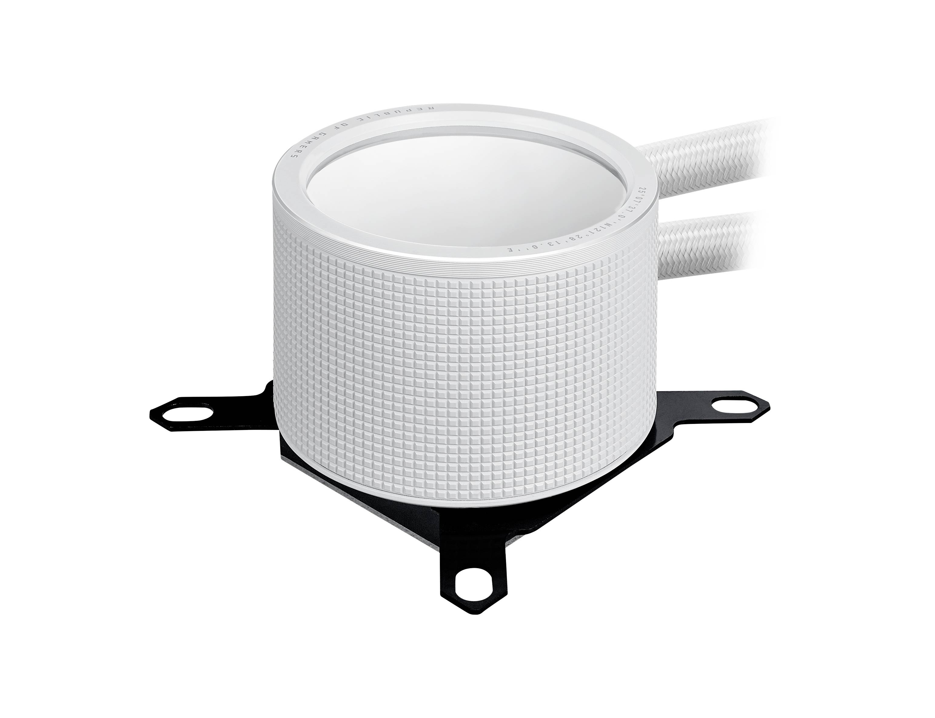 Weißer, zylindrischer Lautsprecher mit strukturiertem Muster, montiert auf schwarzem Metallständer. Zwei Kabel sind angeschlossen.