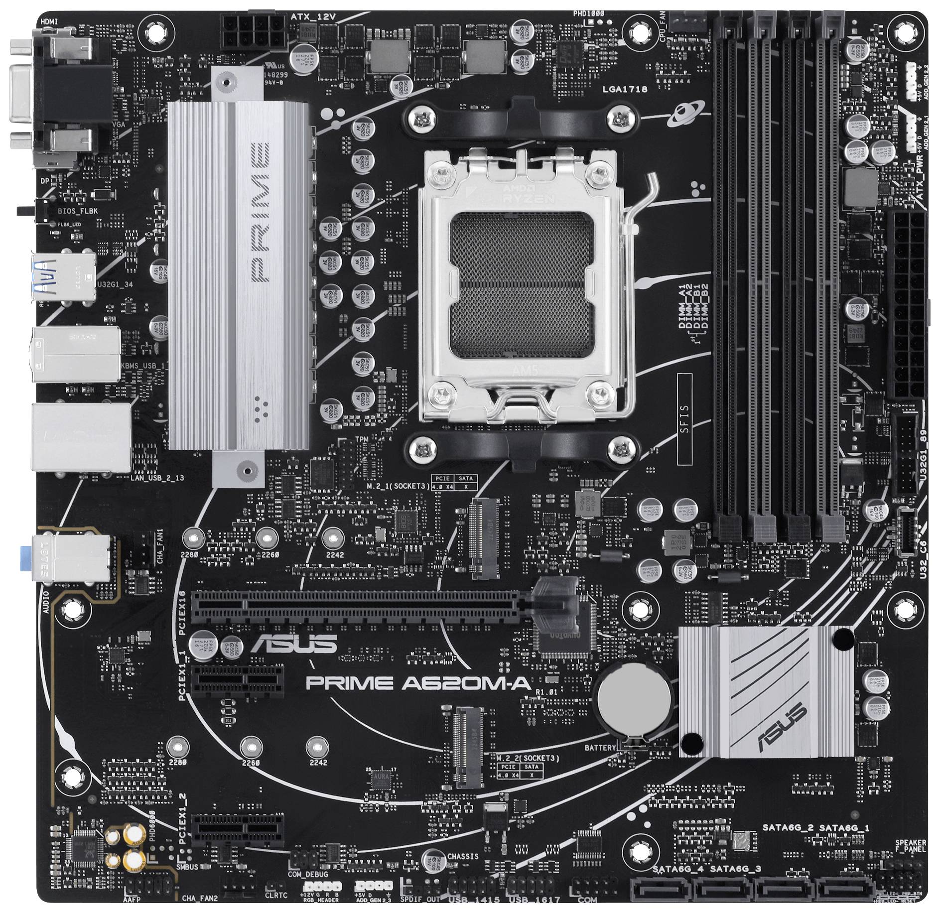Das Bild zeigt eine ASUS-Motherboard-Platine mit Modellnummer 'PRIME A620M-A'. Sichtbar sind Prozessor-Sockel, RAM-Steckplätze und Anschlussbuchsen.