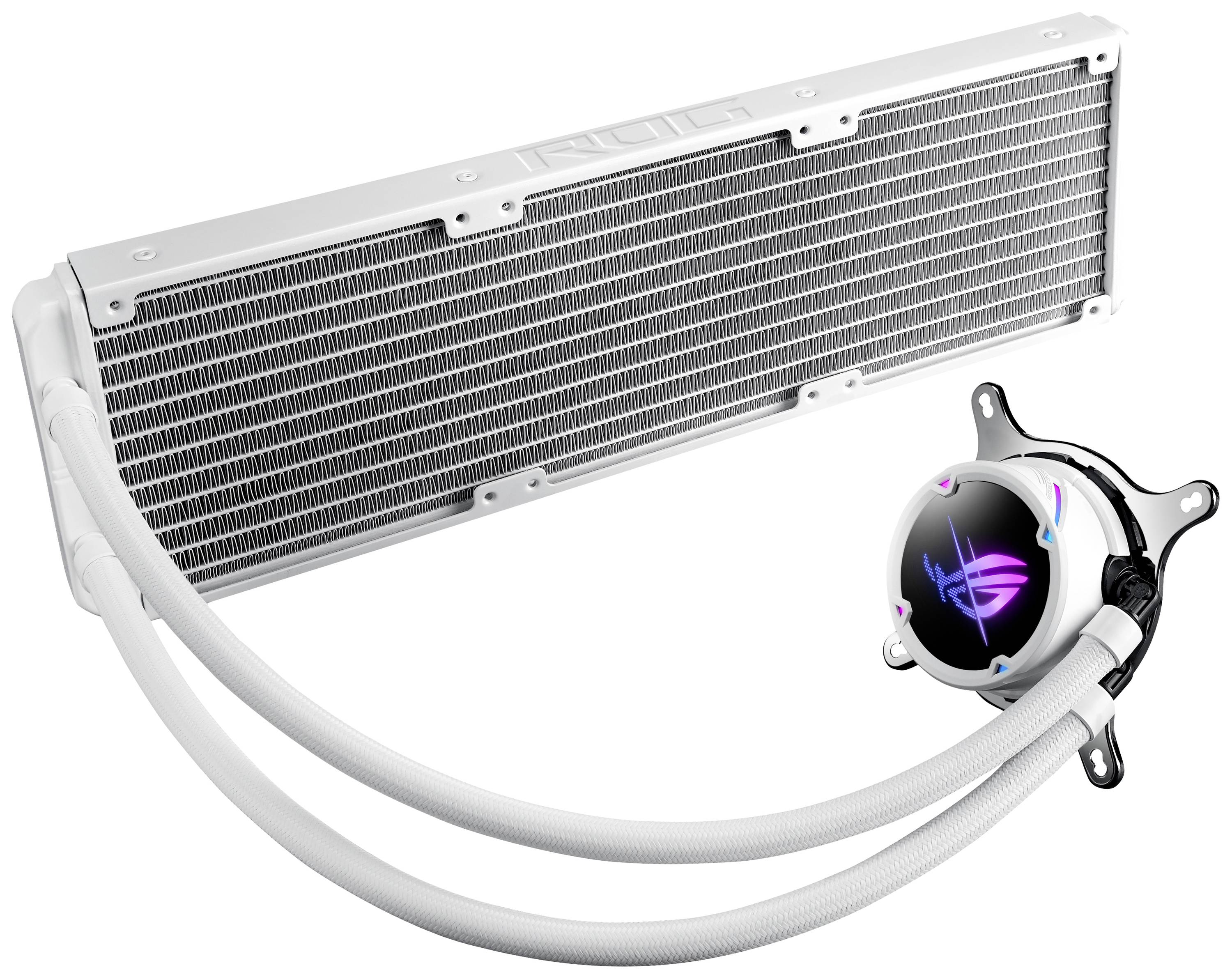 Weiße PC-Wasserkühlung mit großem Radiator und beleuchtetem Pumpenkopf, geeignet zur effektiven Kühlung von High-Performance-Prozessoren.