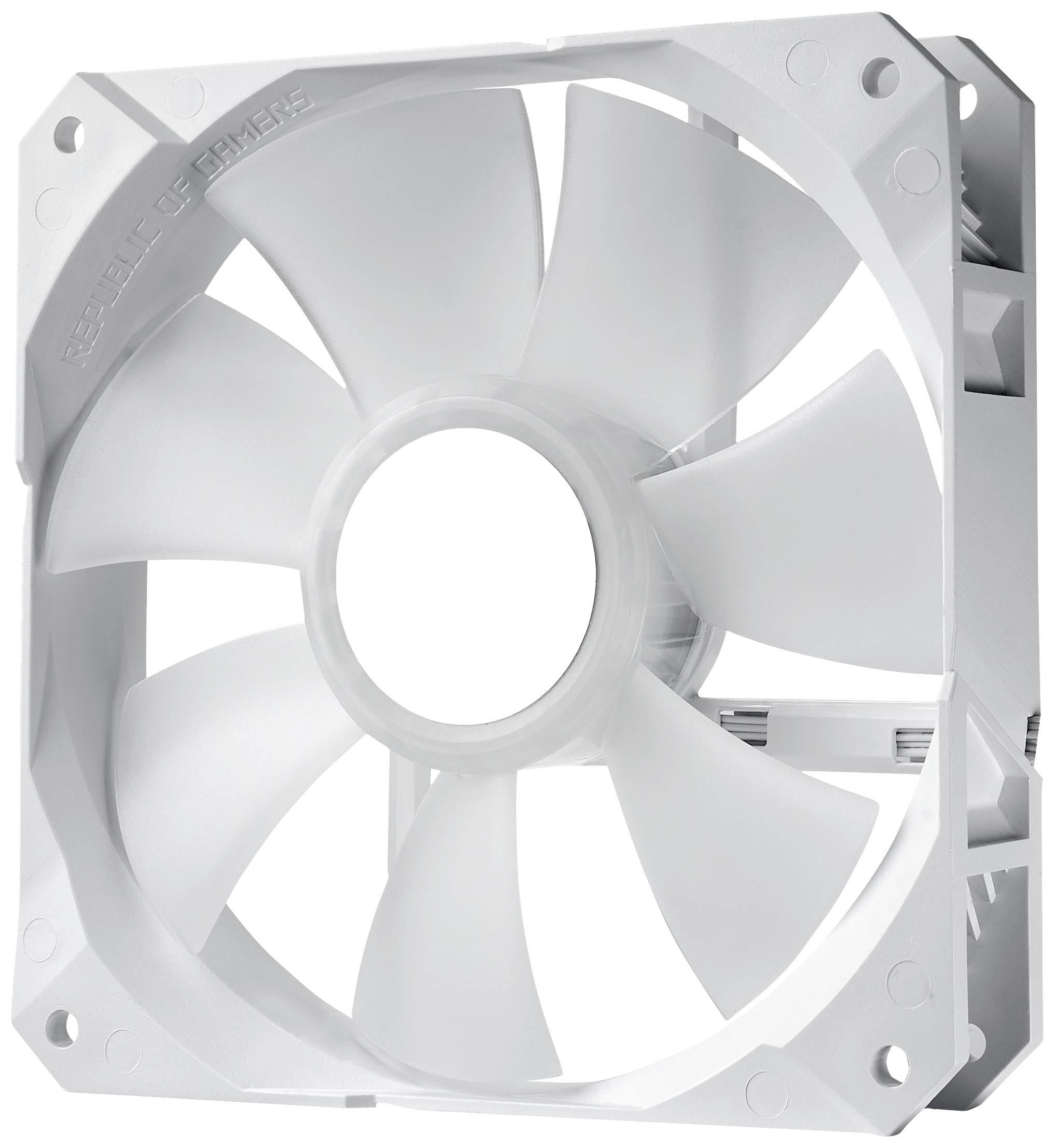 Ein weißer Computerlüfter mit acht Blättern, für Kühlung in PC-Gehäusen.